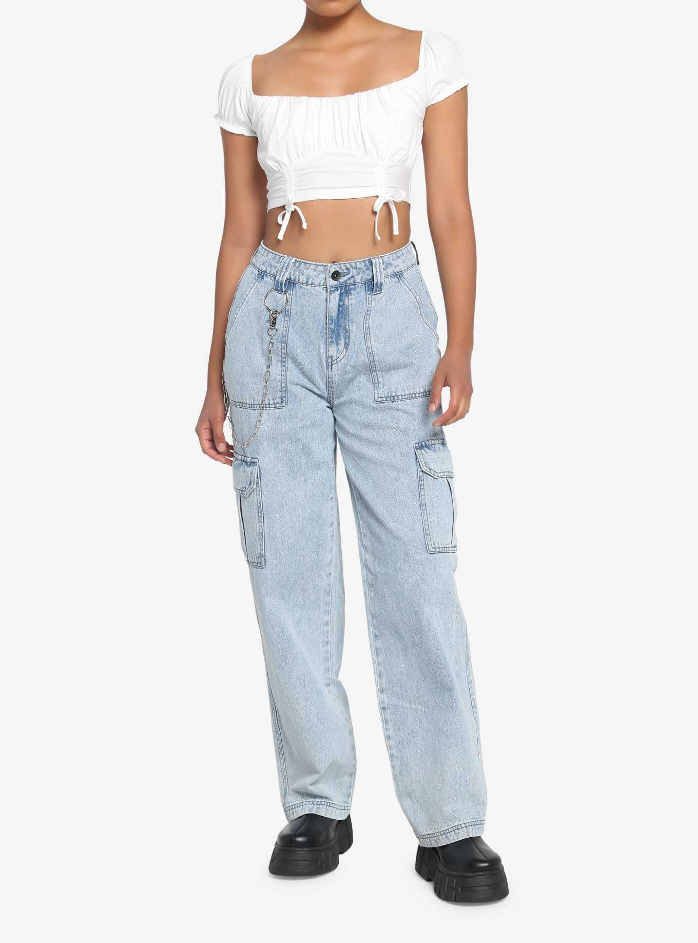 White Double Ruched Girls Crop Top, , hi-res