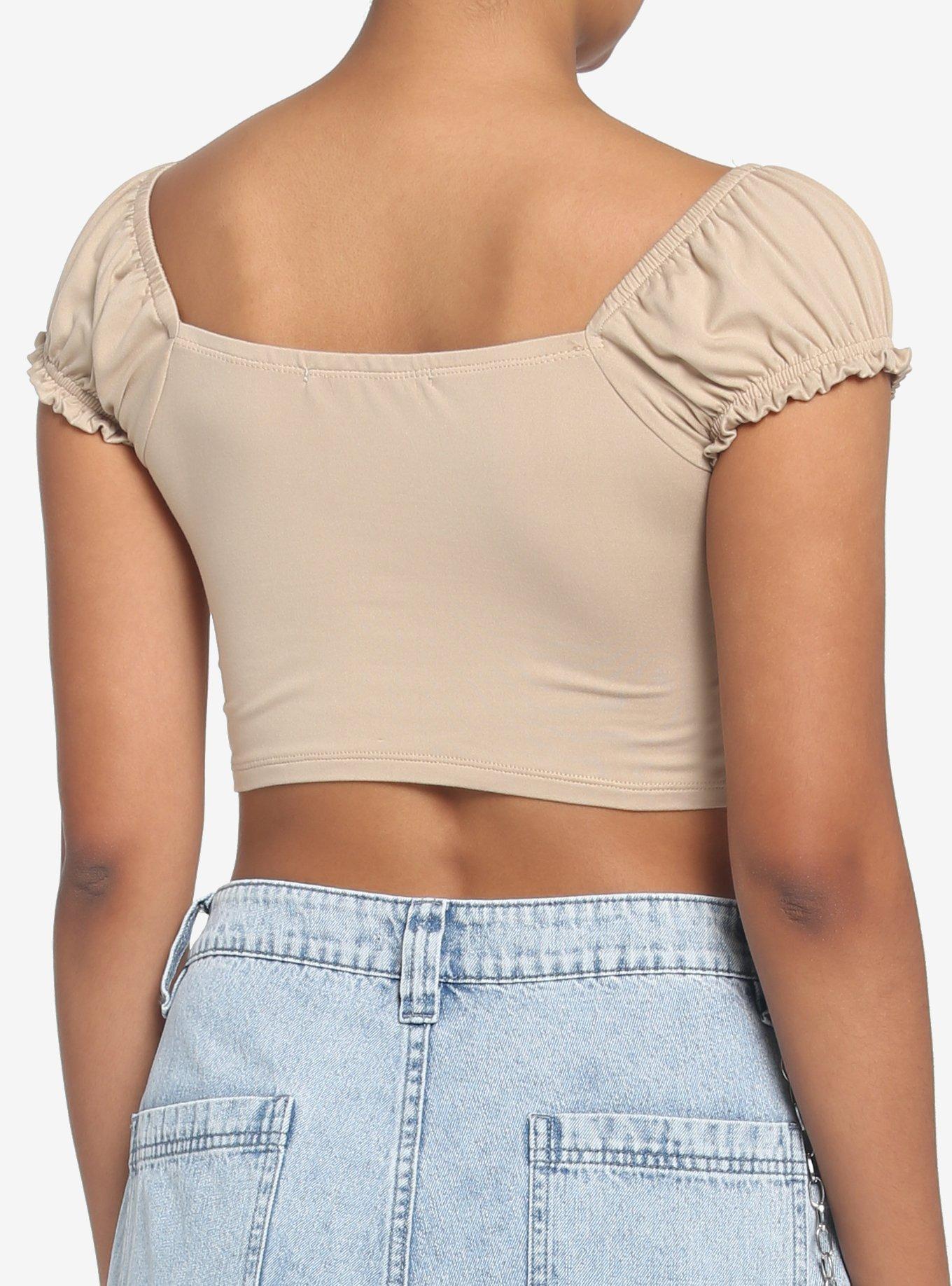 Beige Cutout Puff Sleeve Girls Crop Top, BEIGE, alternate