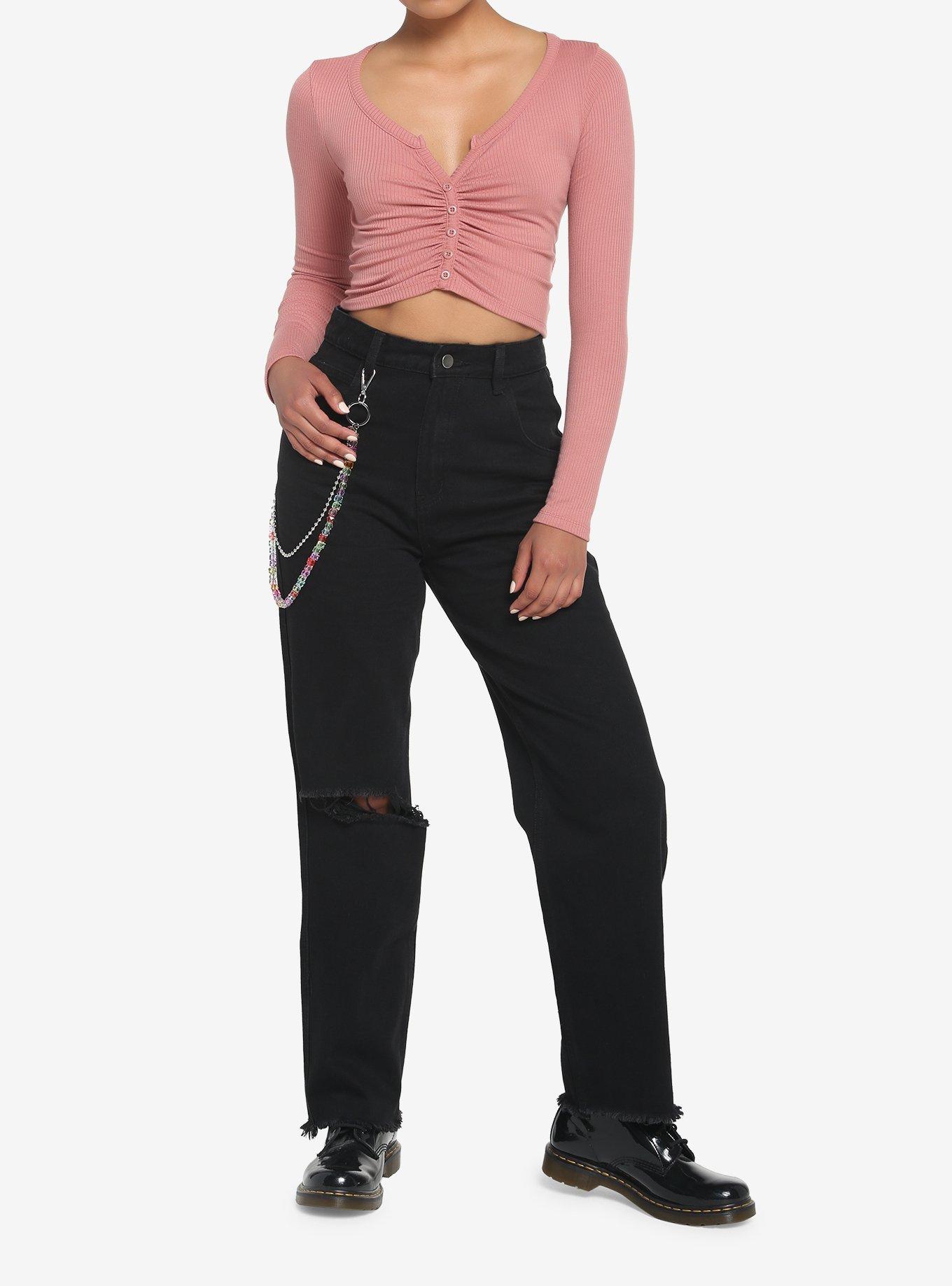 Dusty Pink Button-Front Long-Sleeve Girls Top, , hi-res