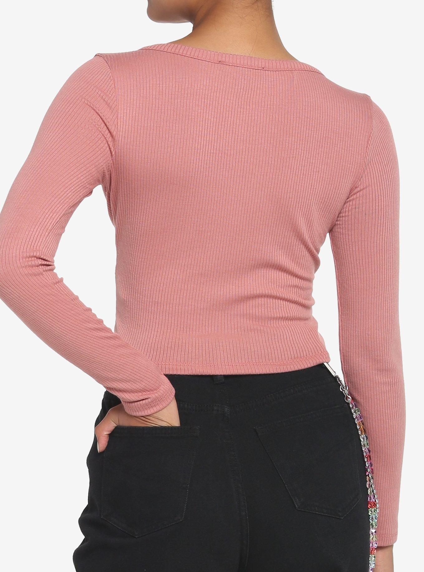 Dusty Pink Button-Front Long-Sleeve Girls Top, PINK, alternate