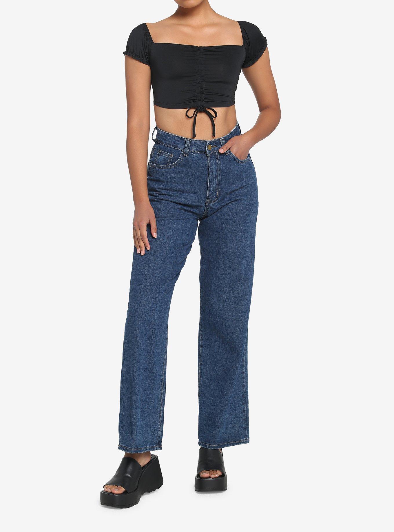 Black Ruched Puff Sleeve Girls Crop Top, BLACK, alternate