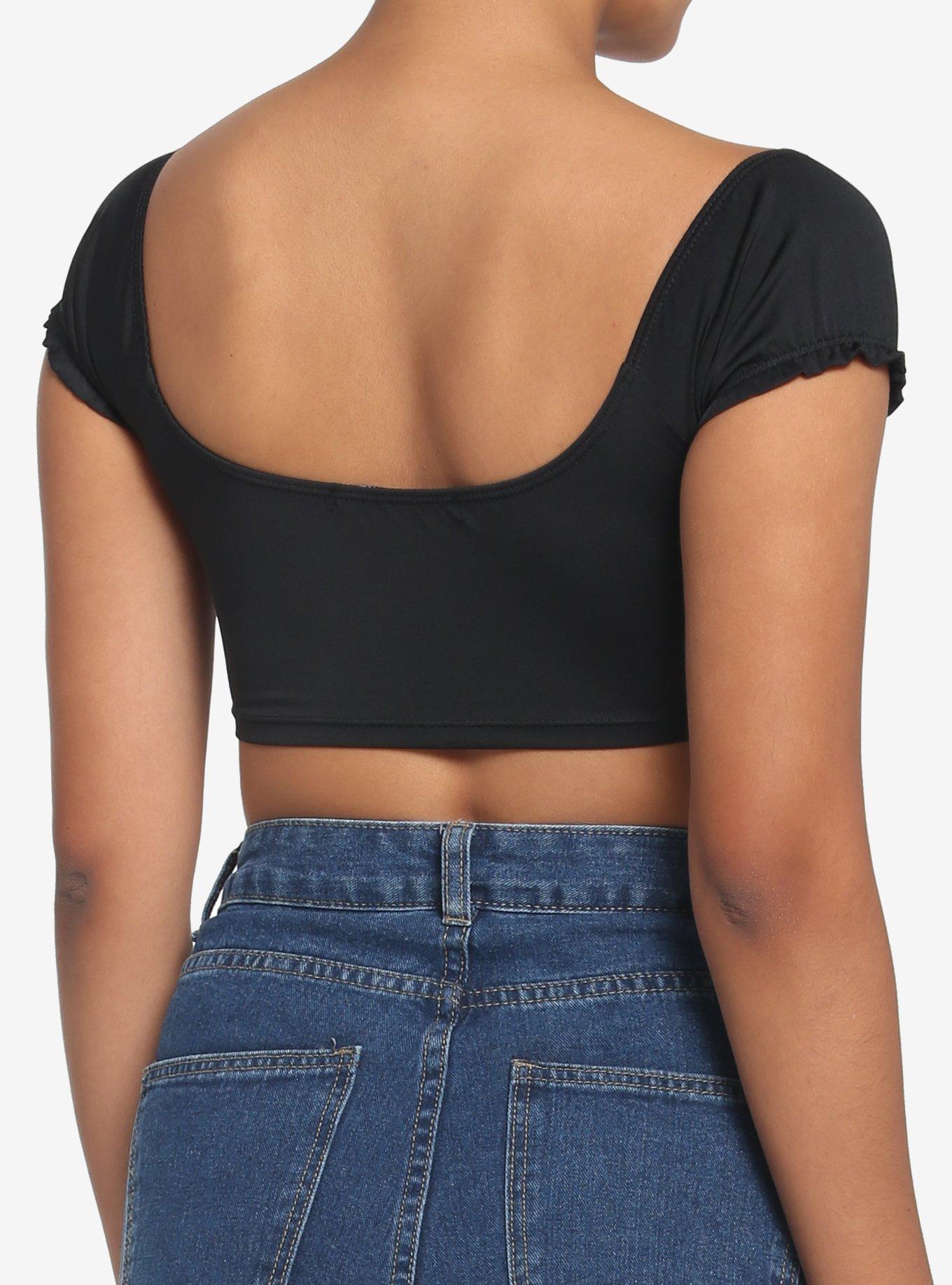 Black Ruched Puff Sleeve Girls Crop Top, BLACK, alternate