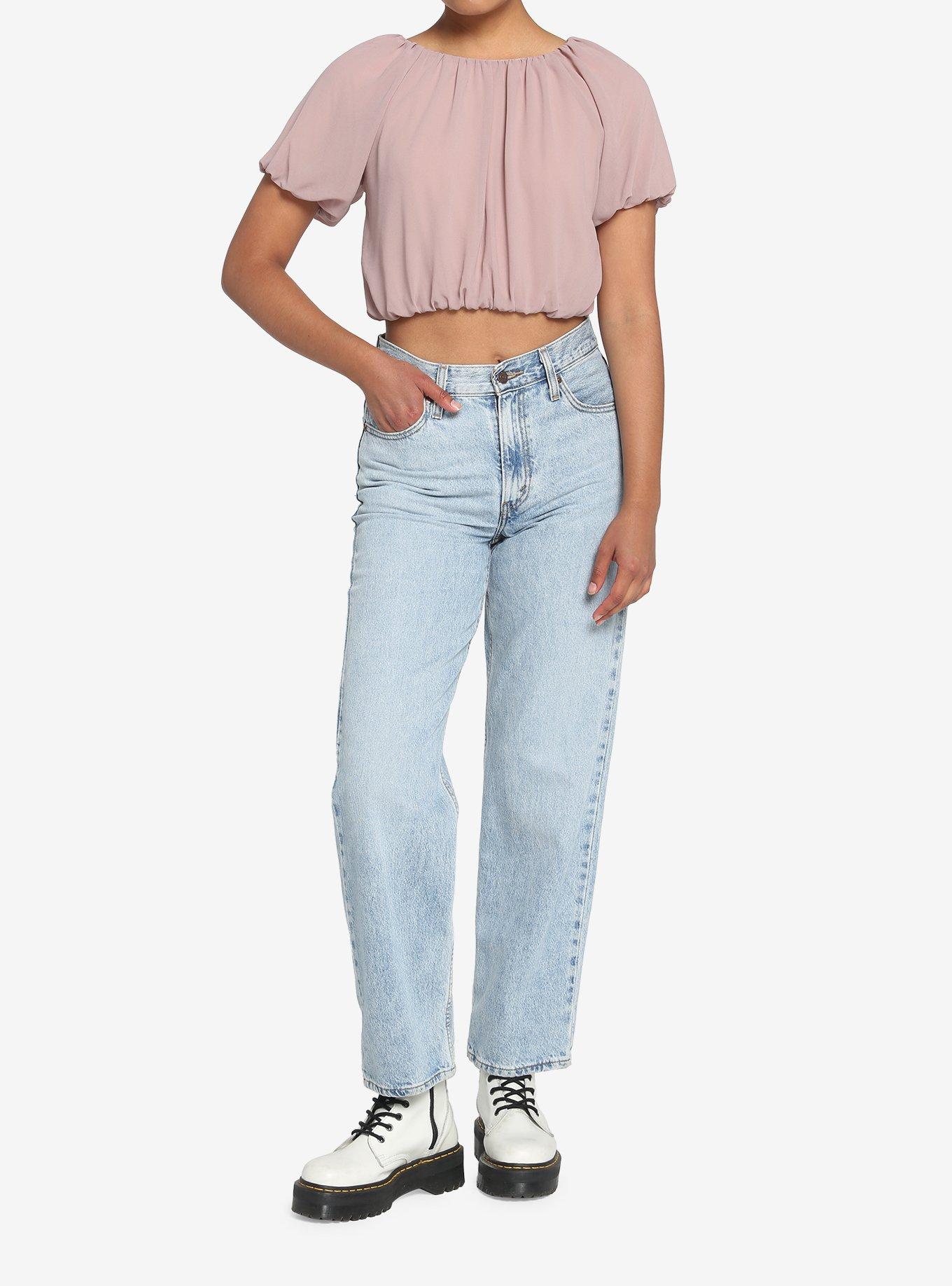Ruched Puffy Taupe Girls Crop Top, TAUPE, alternate