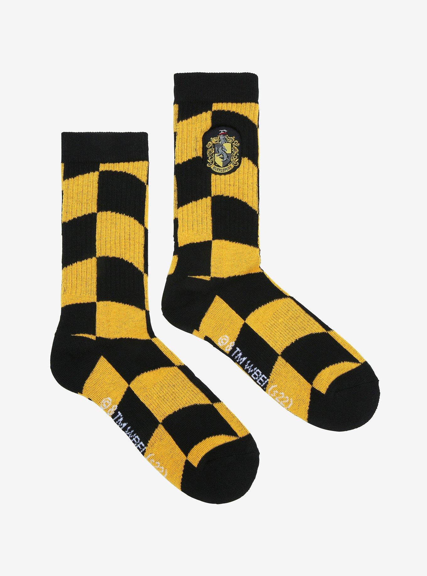 Harry Potter Hufflepuff Crest Wavy Checkered Crew Socks - BoxLunch Exclusive , , alternate