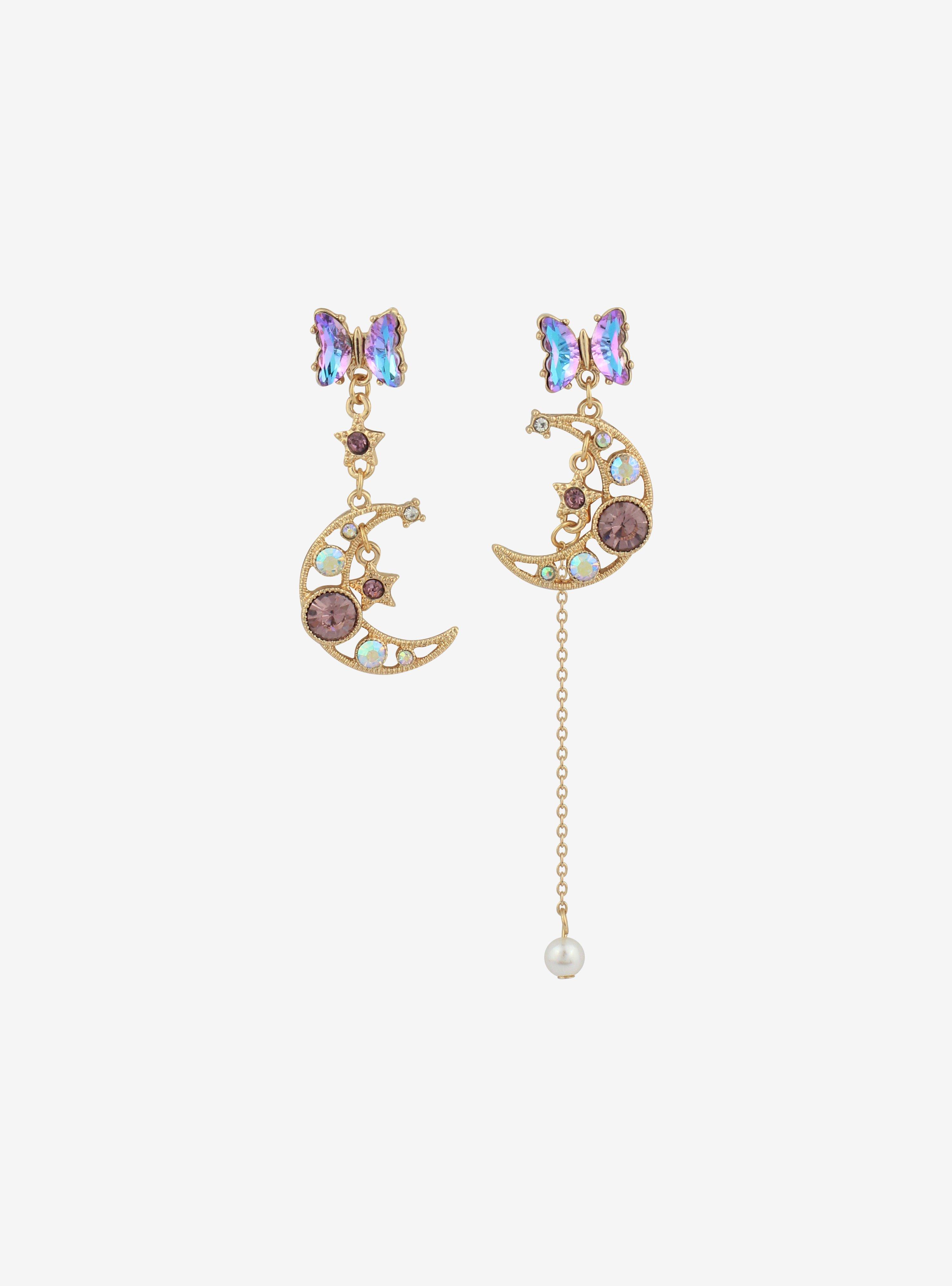 Butterfly & Crescent Moon Jeweled Mismatch Earrings, , alternate