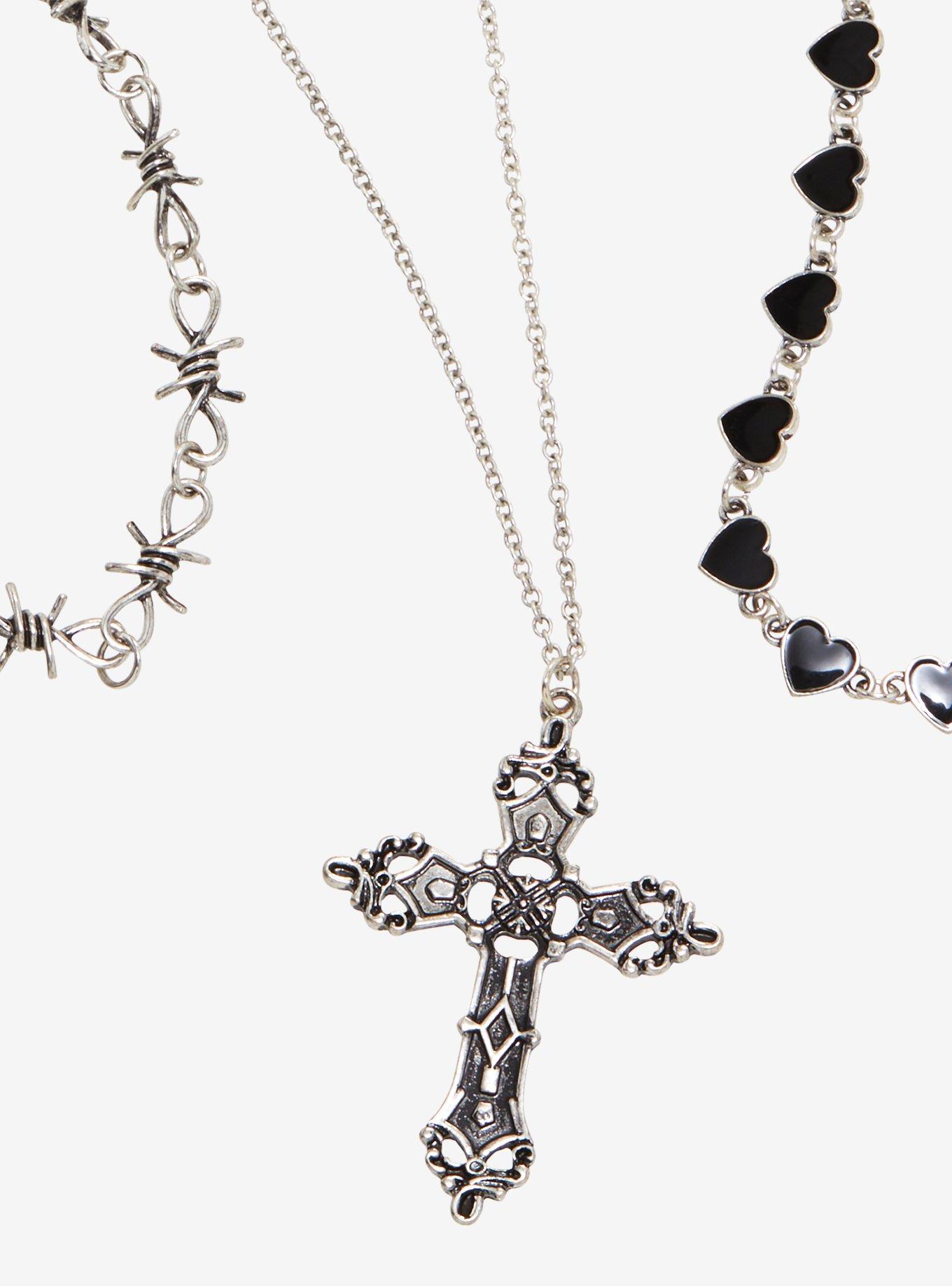 Ornate Cross Barbed Wire Heart Necklace Set, , alternate