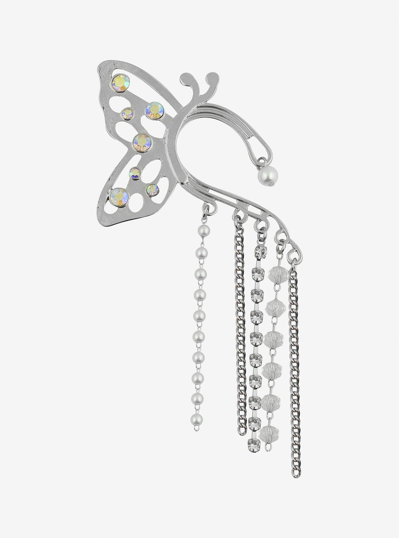 Bling Butterfly Bead Chain Ear Cuff, , alternate