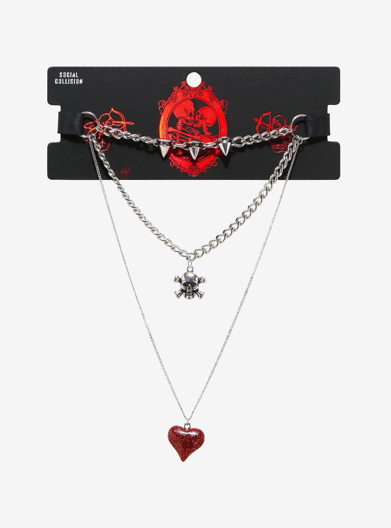 Skull Glitter Heart Spike Chain Choker, , alternate