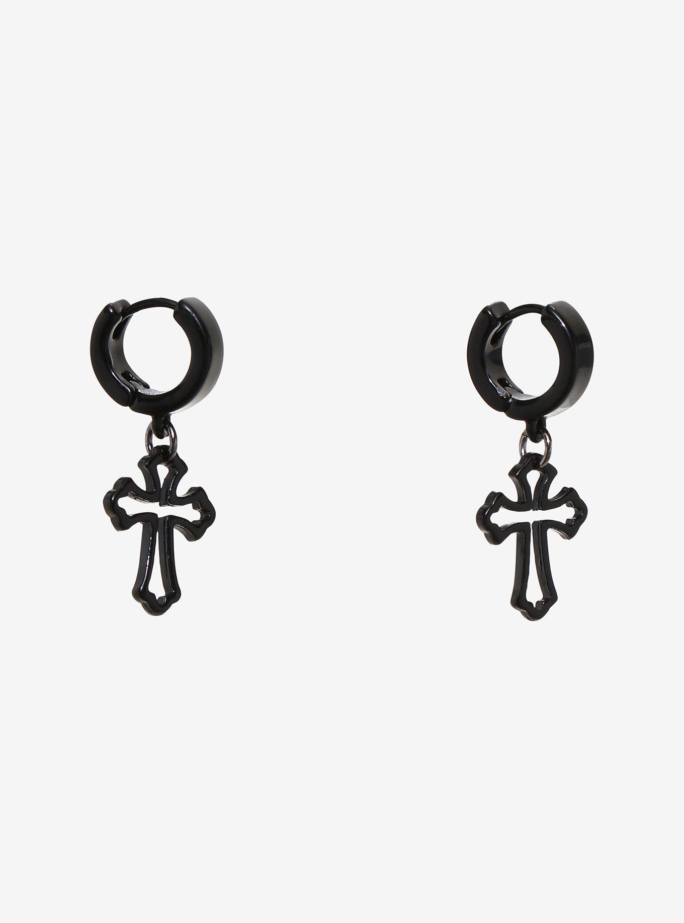 Black Gothic Cross Huggie Hoop Earrings, , alternate