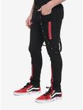 HT Denim Red Zipper Stinger Jeans With Grommet Suspenders, BLACK  RED, alternate