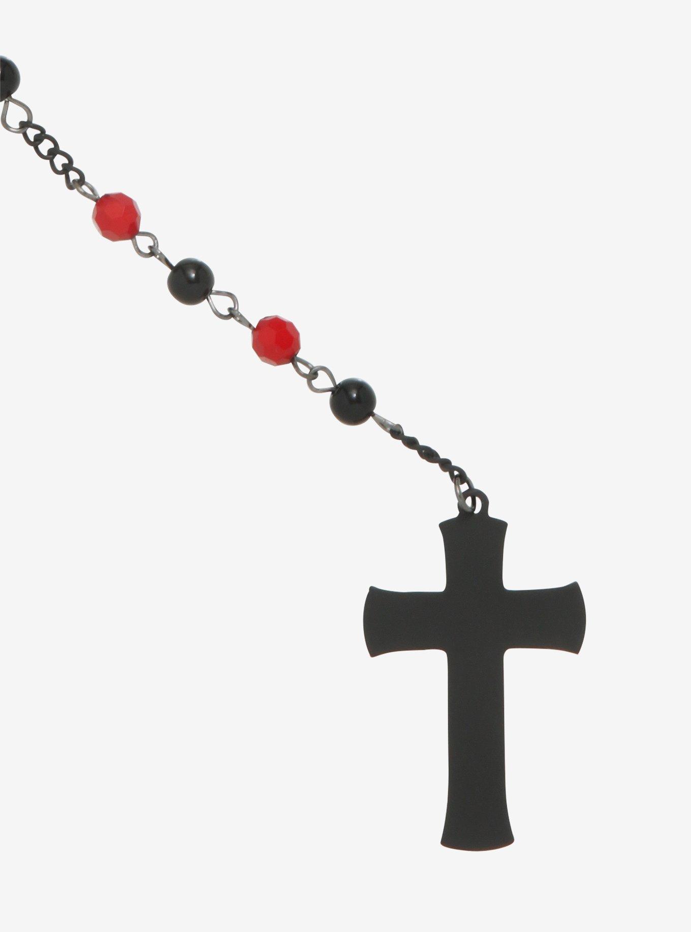 Hot Topic Red & Black Bead Cross Rosary Necklace