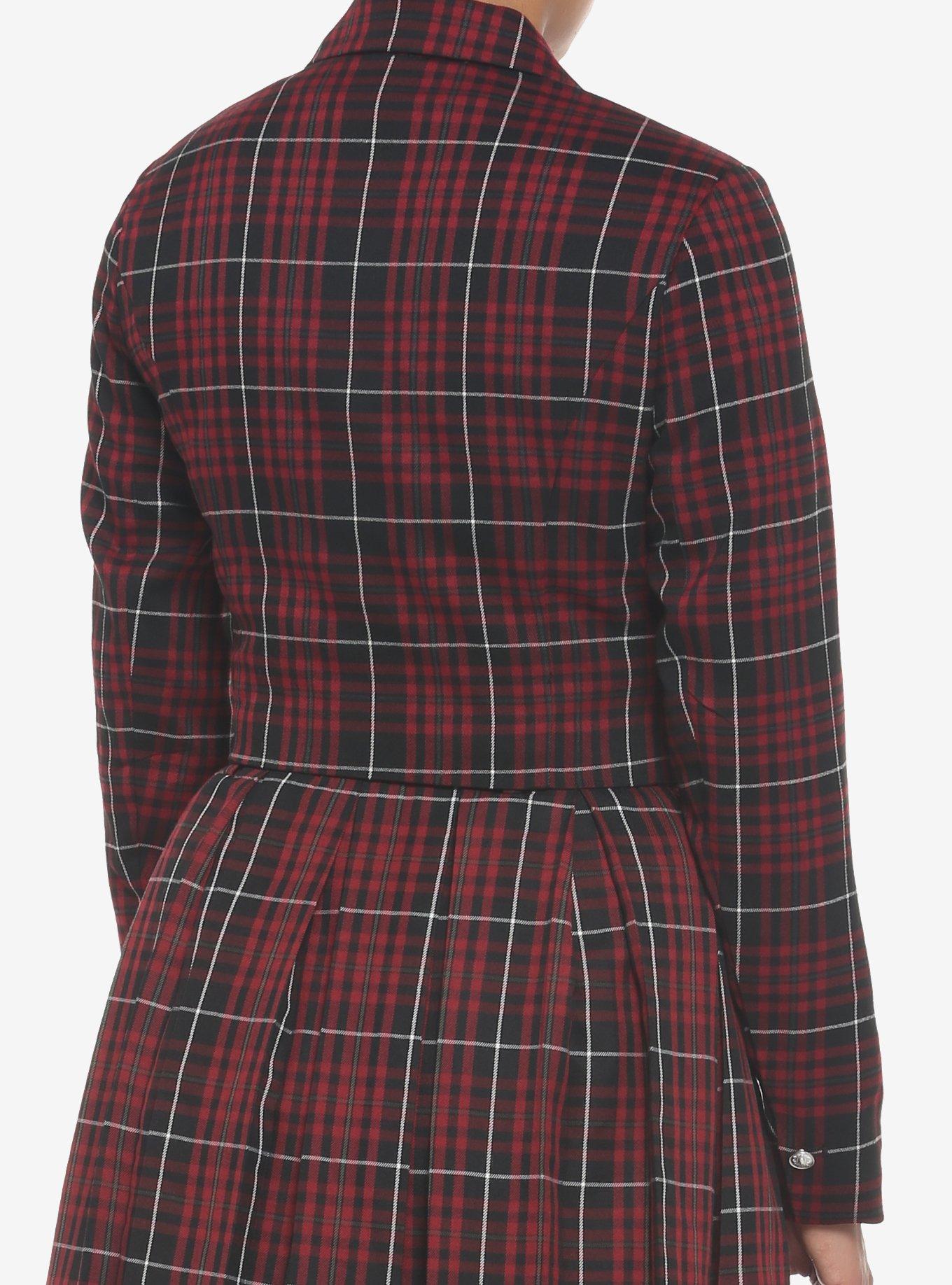 Dark Red Plaid Crop Girls Blazer, DARK RED, alternate