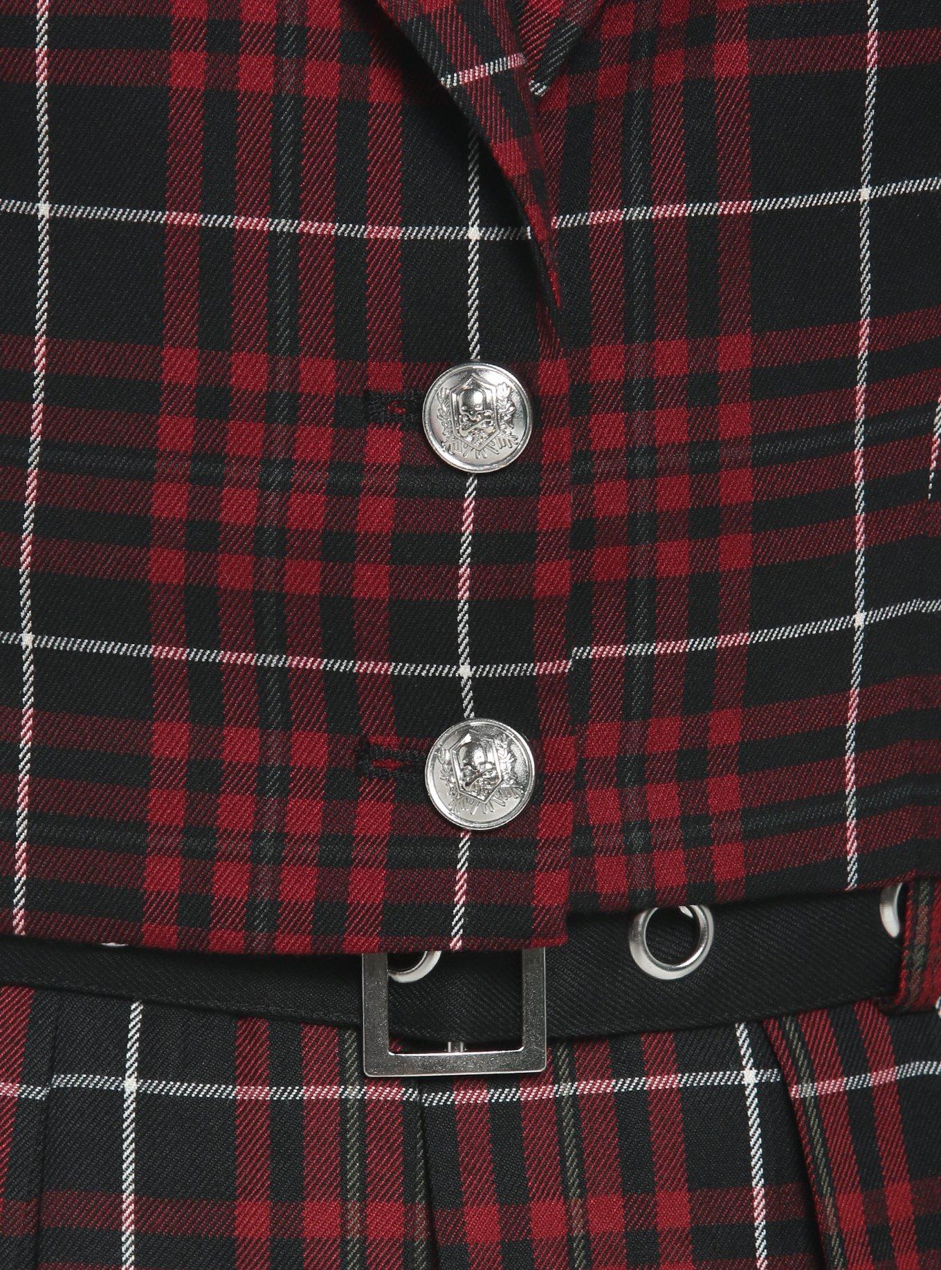 Dark Red Plaid Crop Girls Blazer, DARK RED, alternate