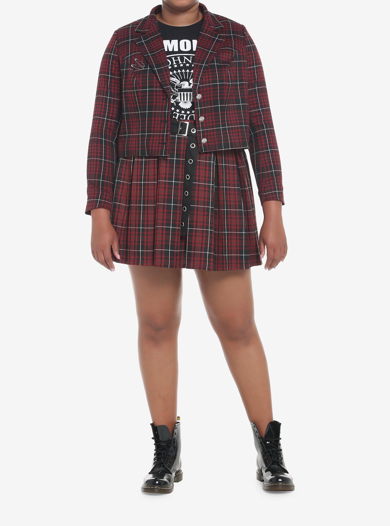 Dark Red Plaid Crop Girls Blazer Plus Size, DARK RED, alternate