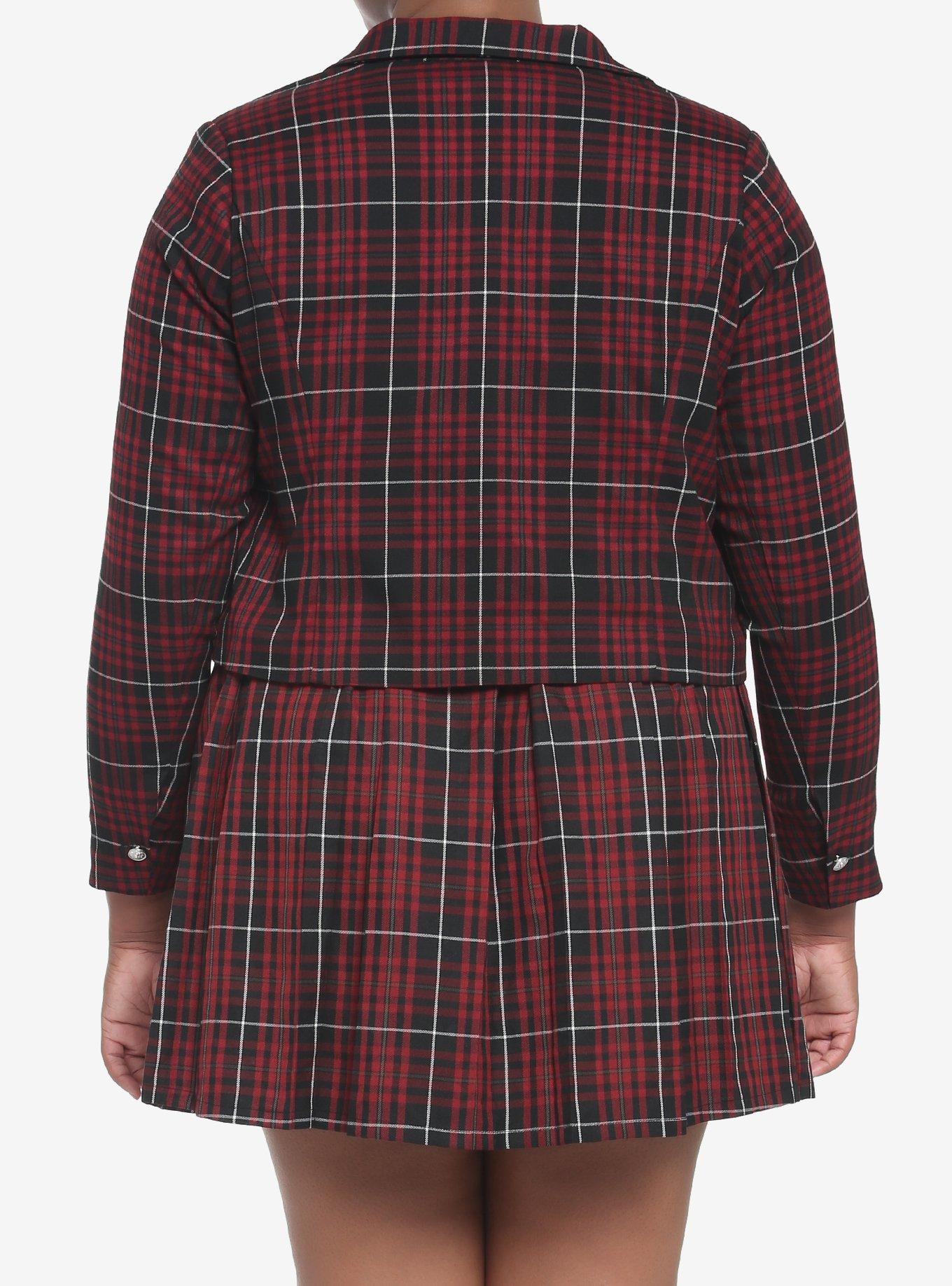 Dark Red Plaid Crop Girls Blazer Plus Size, DARK RED, alternate