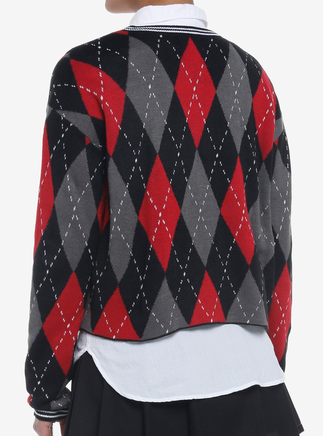 Skull Crest Argyle V-Neck Girls Sweater, MULTI, alternate