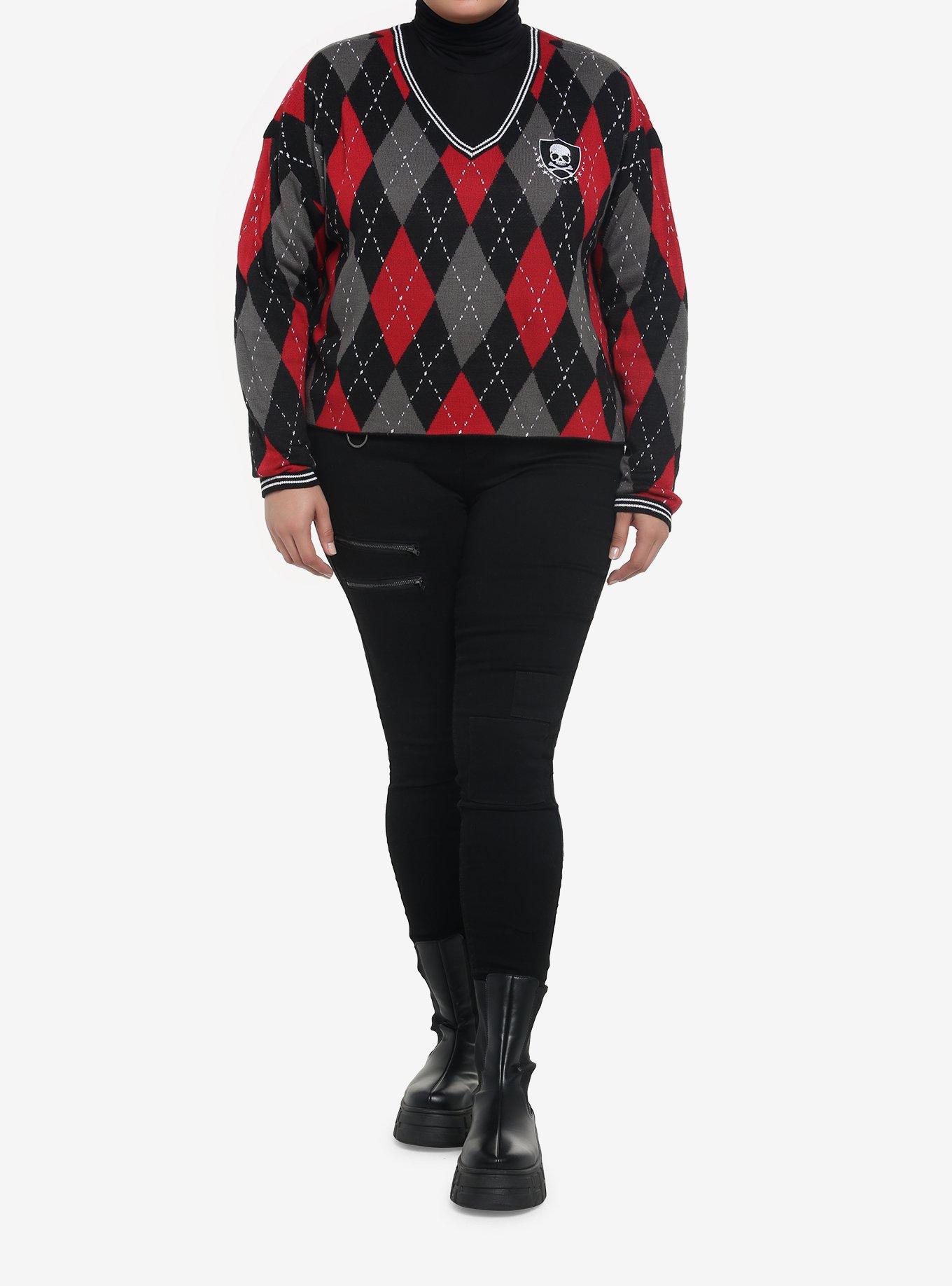 Skull Crest Argyle V-Neck Girls Sweater Plus Size, MULTI, alternate