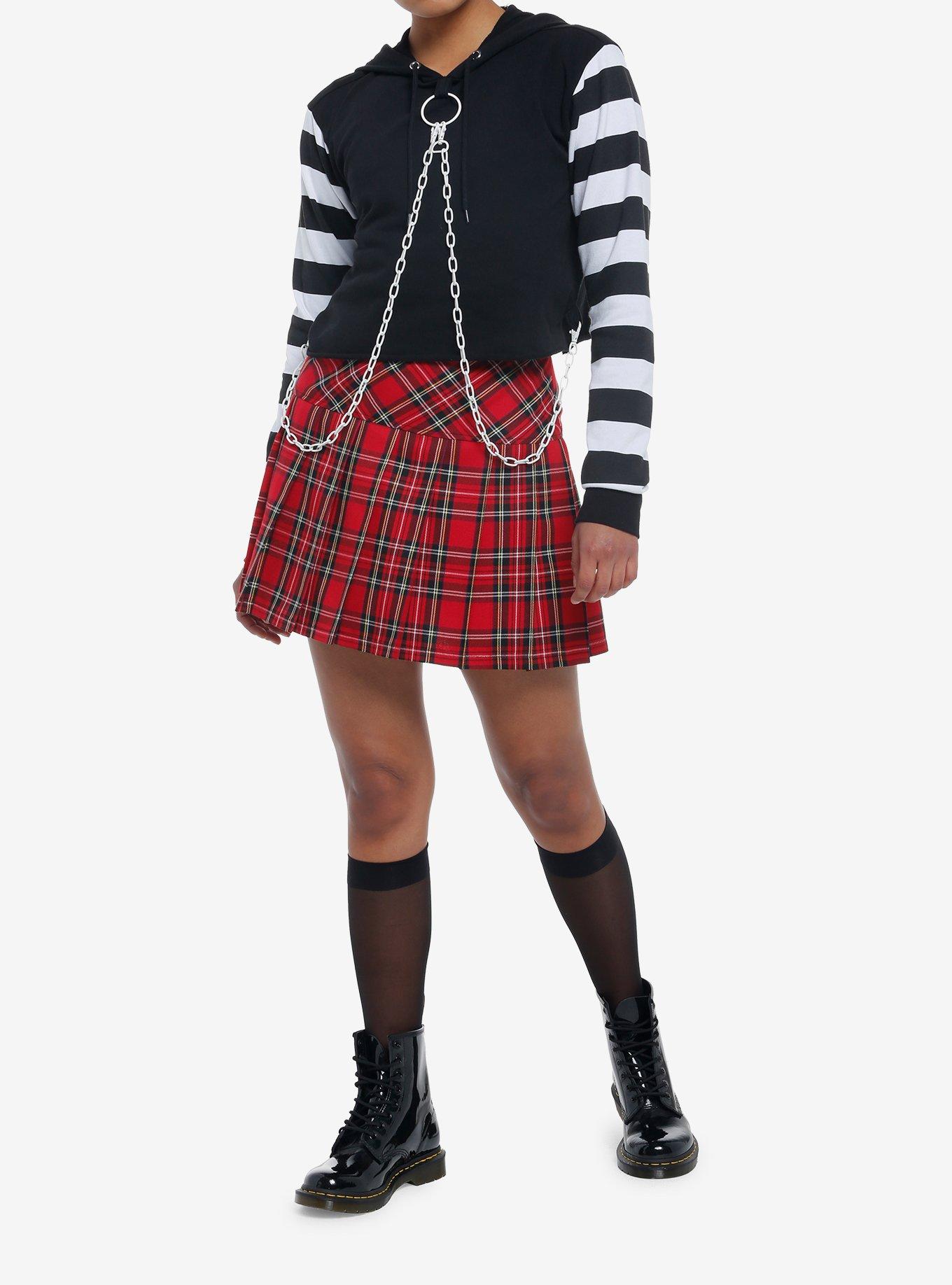 Black & White Chain Stripe Crop Girls Hoodie, MULTI, alternate
