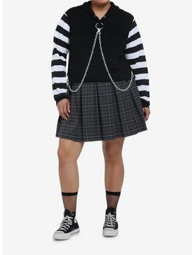 Black & White Chain Stripe Crop Girls Hoodie Plus Size, , hi-res
