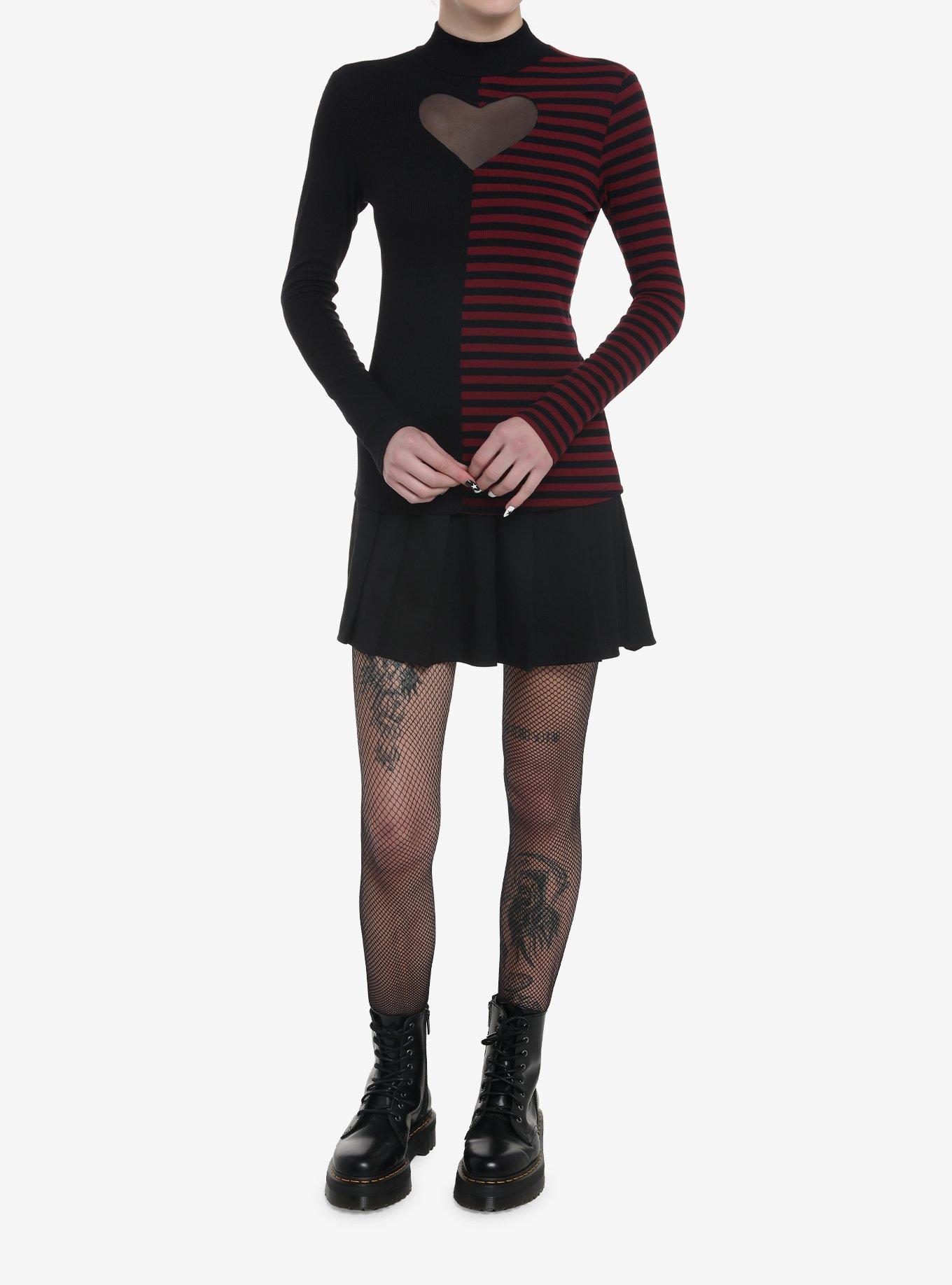 Black & Burgundy Stripe Split Heart Cutout Mock Neck Girls Long-Sleeve Top, MULTI, alternate