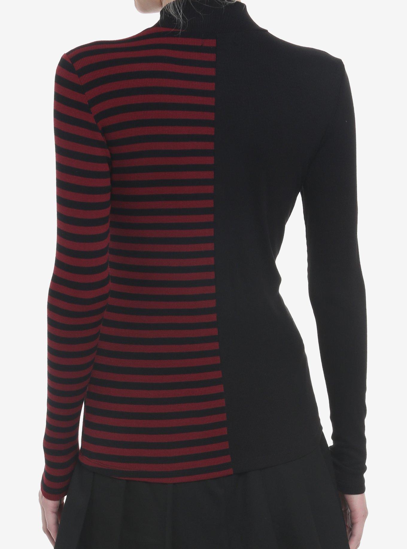 Black & Burgundy Stripe Split Heart Cutout Mock Neck Girls Long-Sleeve Top, MULTI, alternate