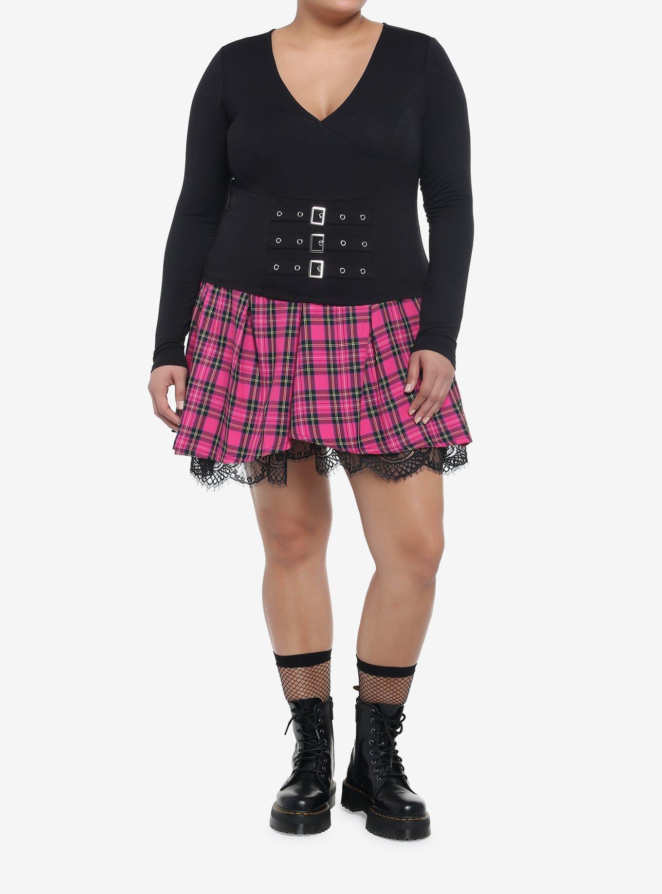 Black Buckles V-Neck Girls Long-Sleeve Top Plus Size, BLACK, alternate