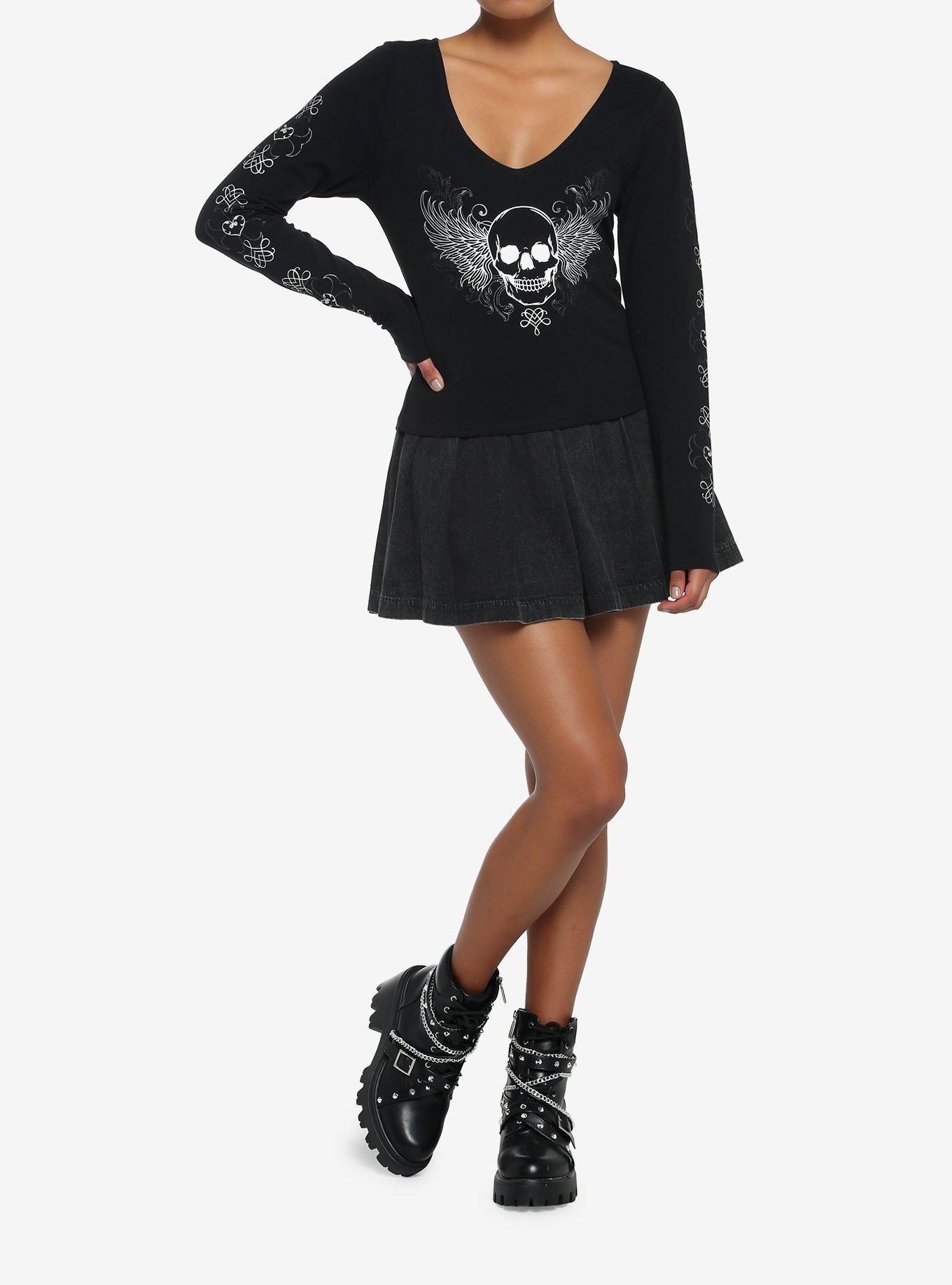 Winged Skull Crop Girls Long-Sleeve T-Shirt, BLACK, alternate