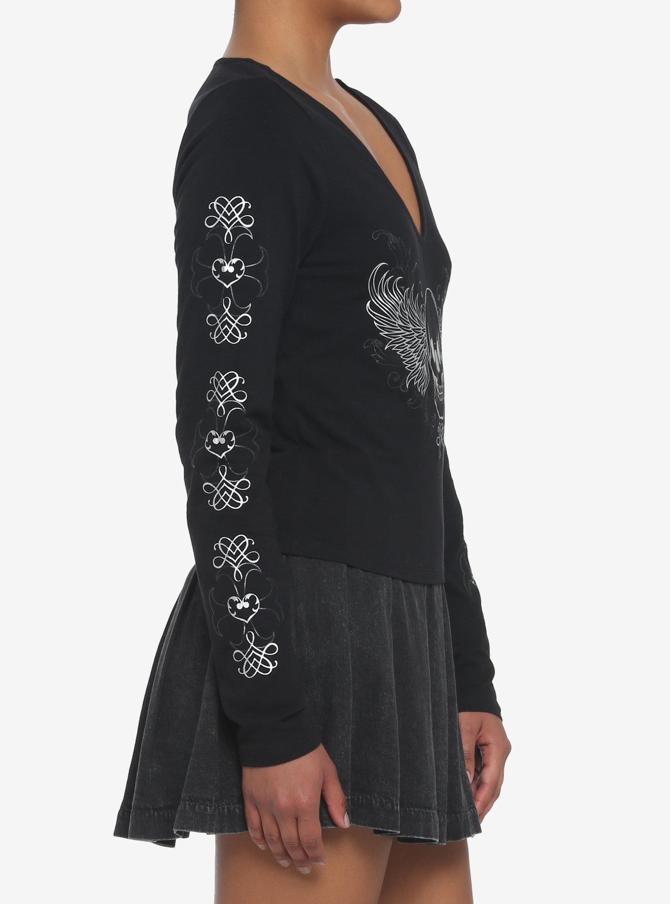 Winged Skull Crop Girls Long-Sleeve T-Shirt, BLACK, alternate