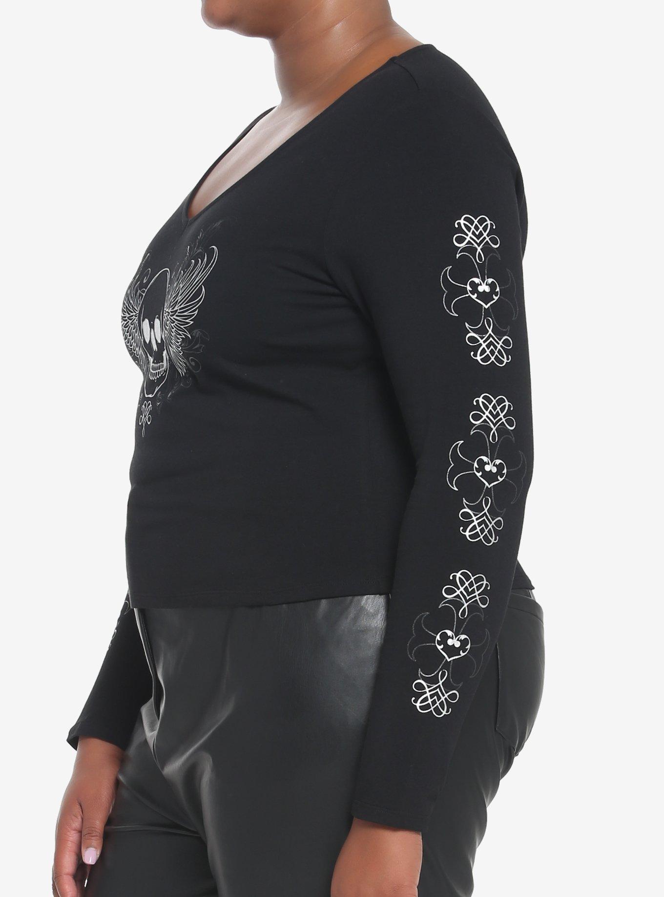 Winged Skull Crop Girls Long-Sleeve T-Shirt Plus Size, BLACK, alternate