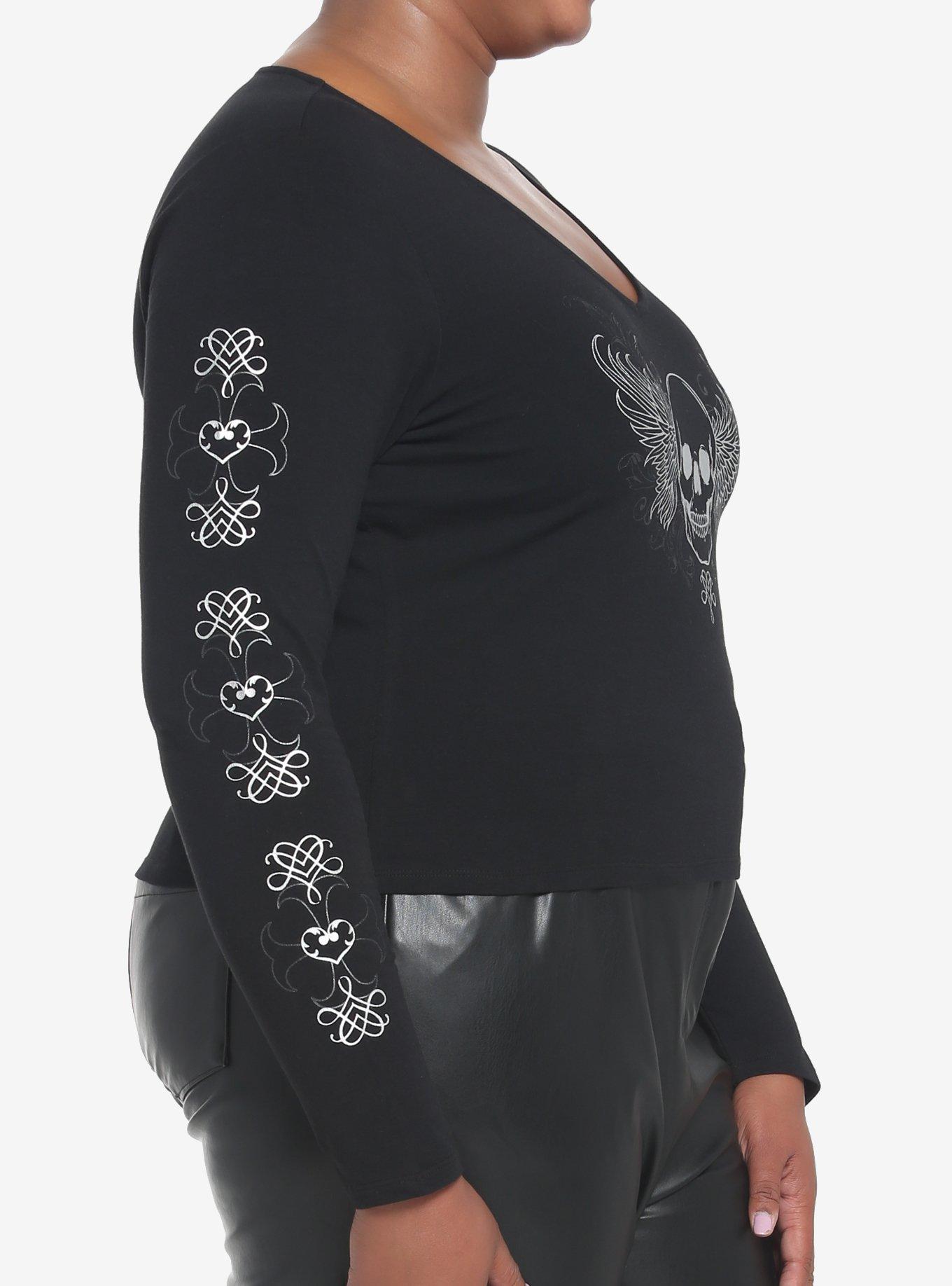 Winged Skull Crop Girls Long-Sleeve T-Shirt Plus Size, BLACK, alternate