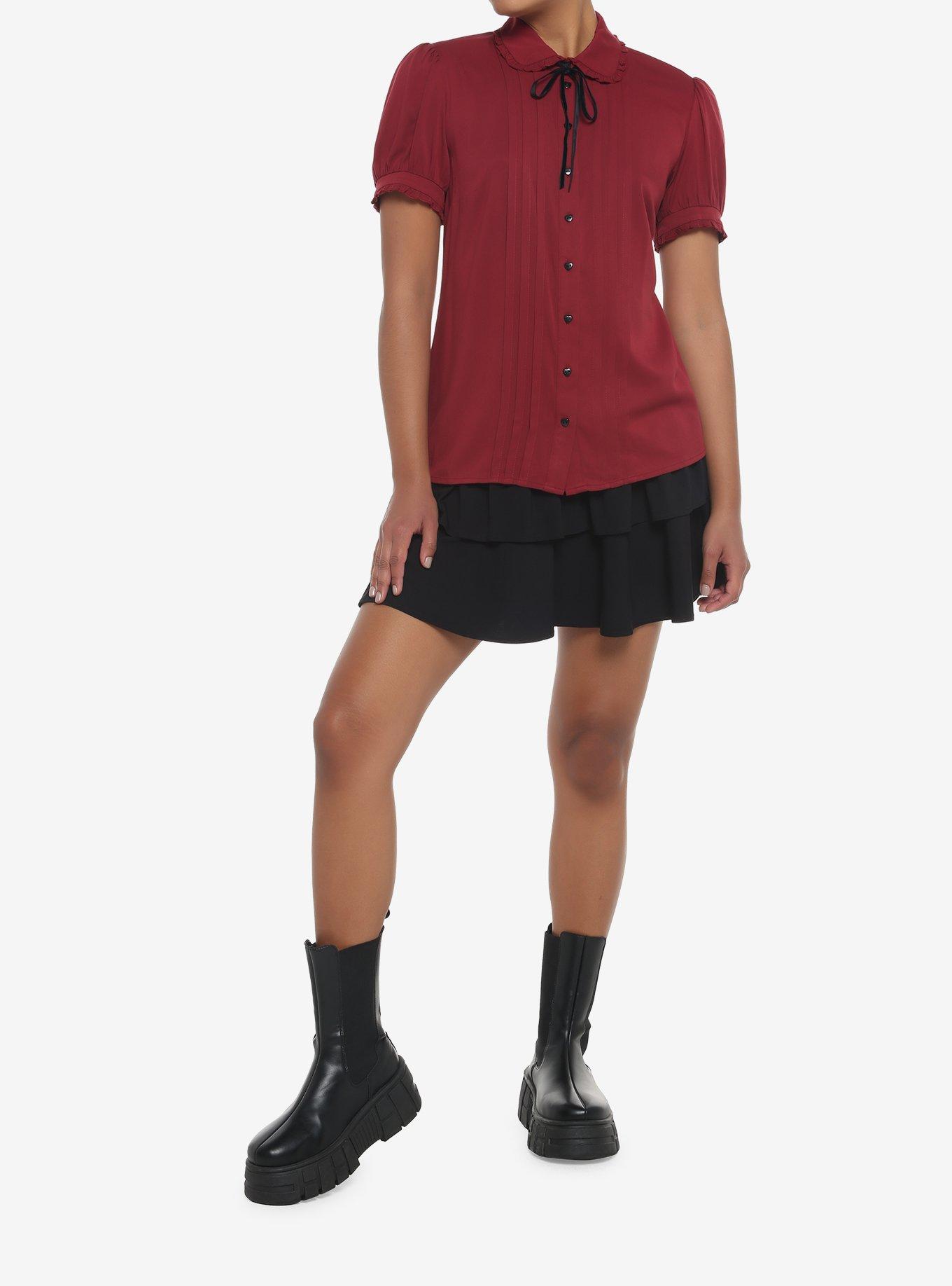 Dark Red Ribbon Tie Girls Woven Button-Up, DARK RED, alternate