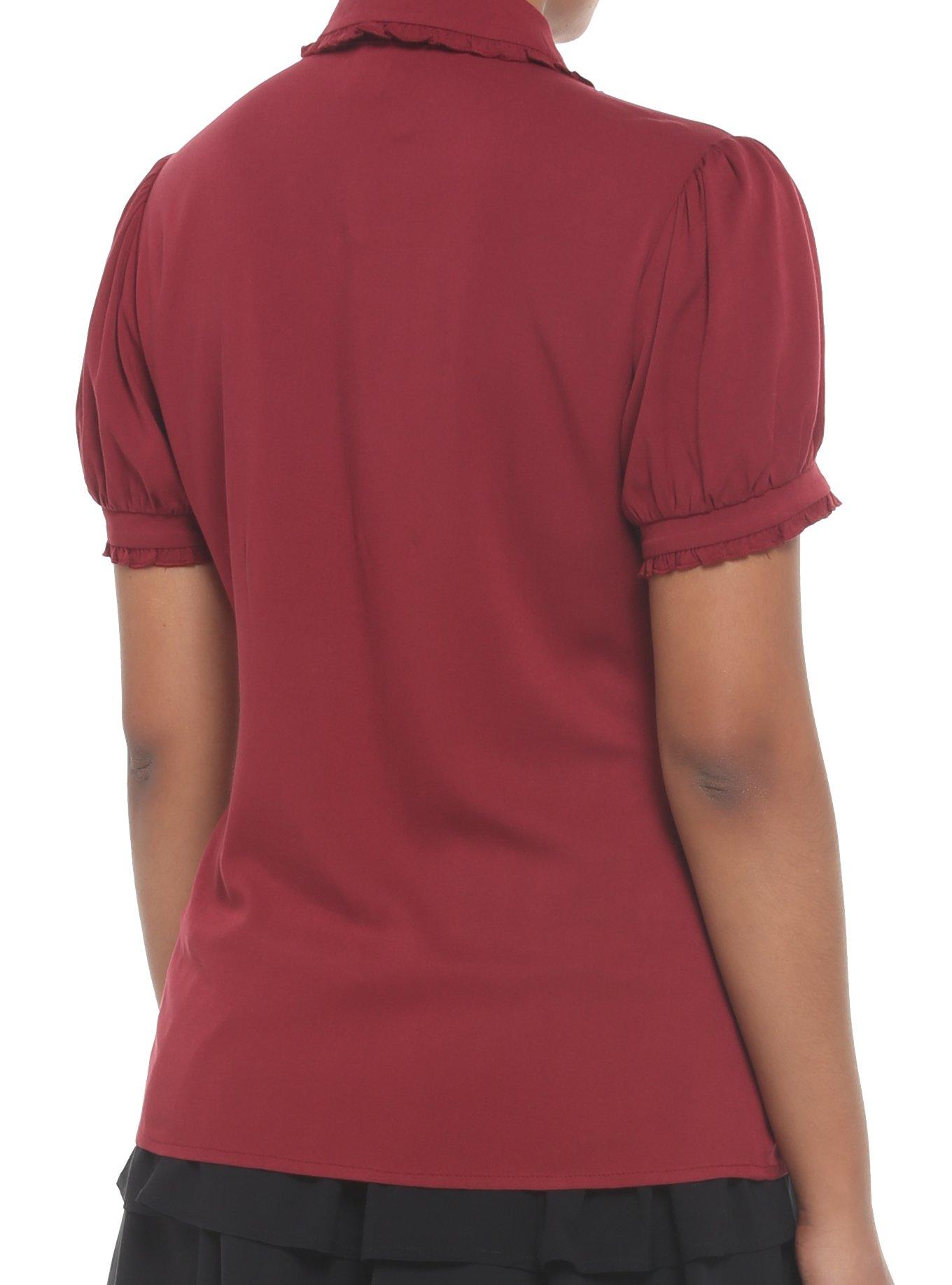 Dark Red Ribbon Tie Girls Woven Button-Up, DARK RED, alternate