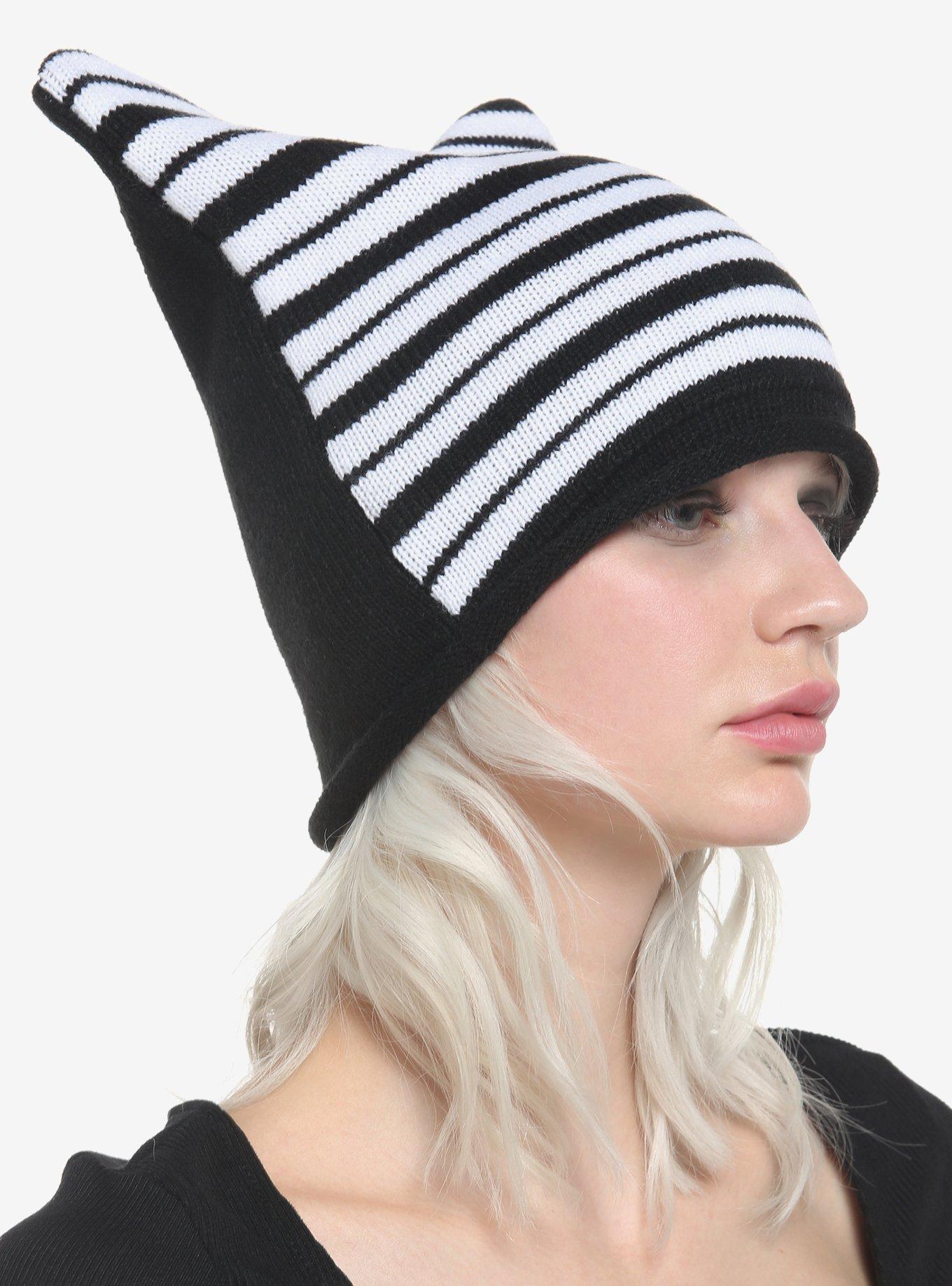 Black & White Stripe Faux Ear Beanie, , alternate