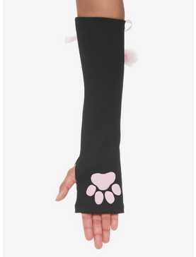 Black & Pink Cat Paw Lace-Up Arm Warmers, , hi-res