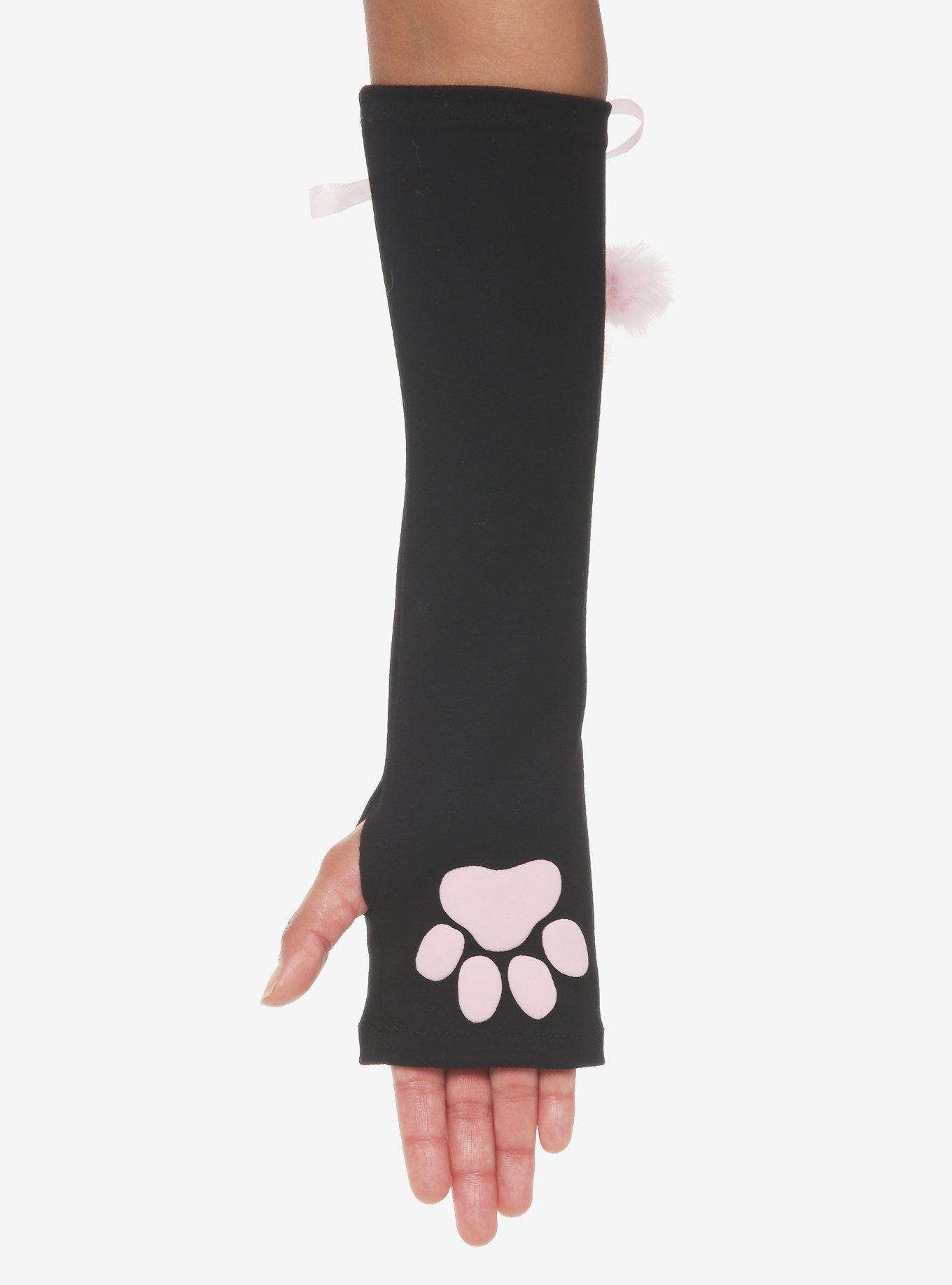 Black & Pink Cat Paw Lace-Up Arm Warmers, , alternate