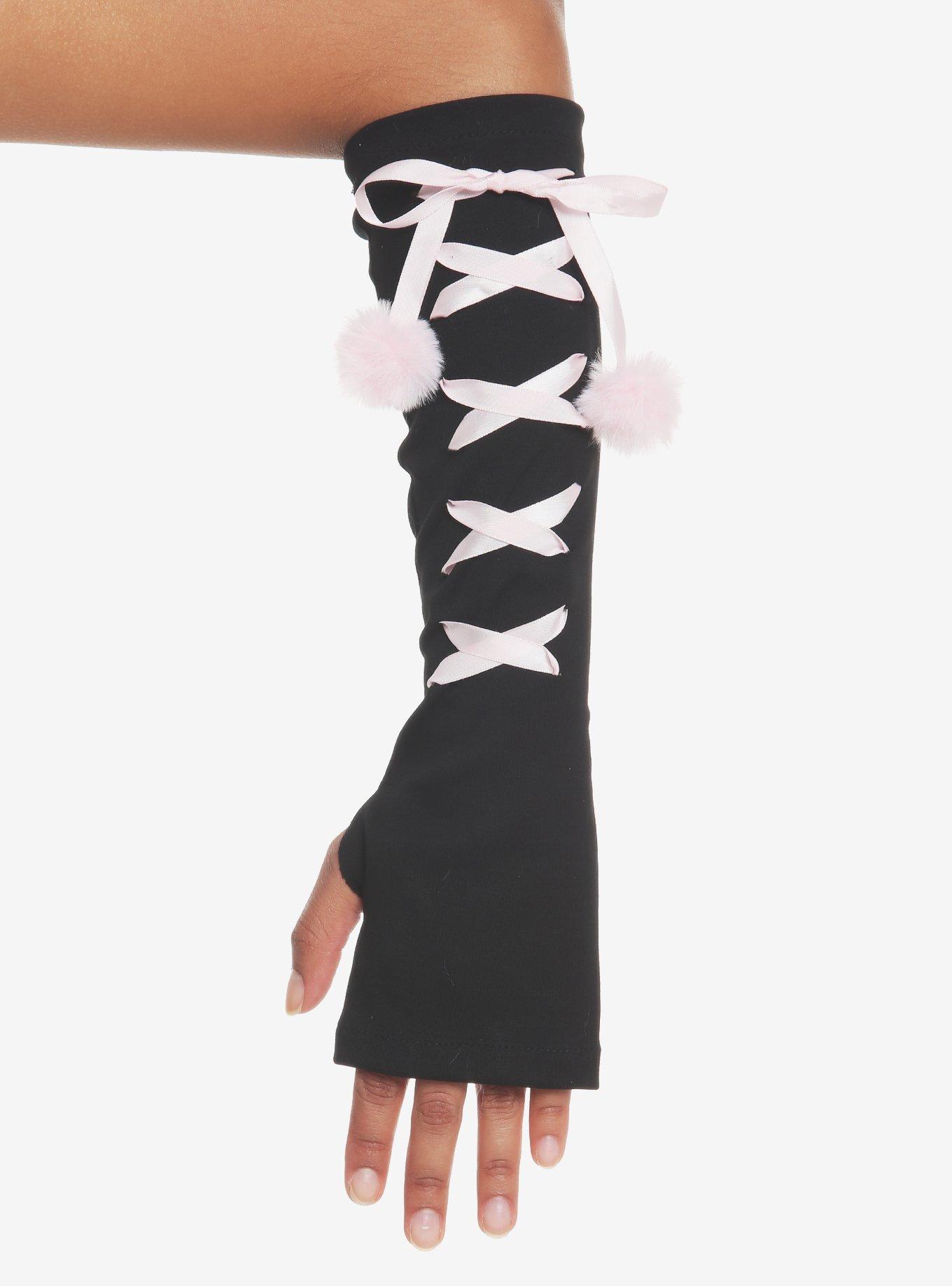 Black & Pink Cat Paw Lace-Up Arm Warmers, , alternate
