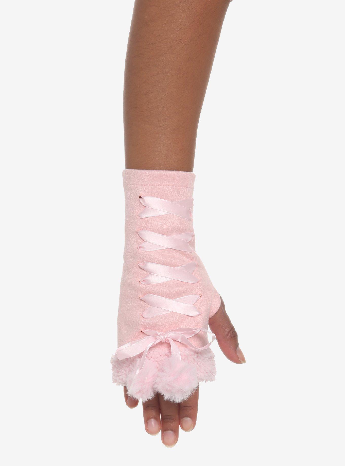 Pink Cat Paw Lace-Up Arm Warmers, , alternate