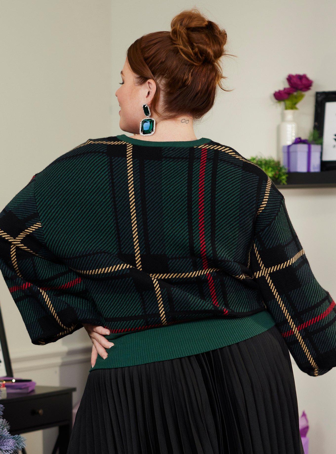 Her Universe Disney Holiday Plaid Mickey Mouse Knit Sweater Plus Size, PLAID - GREEN, alternate