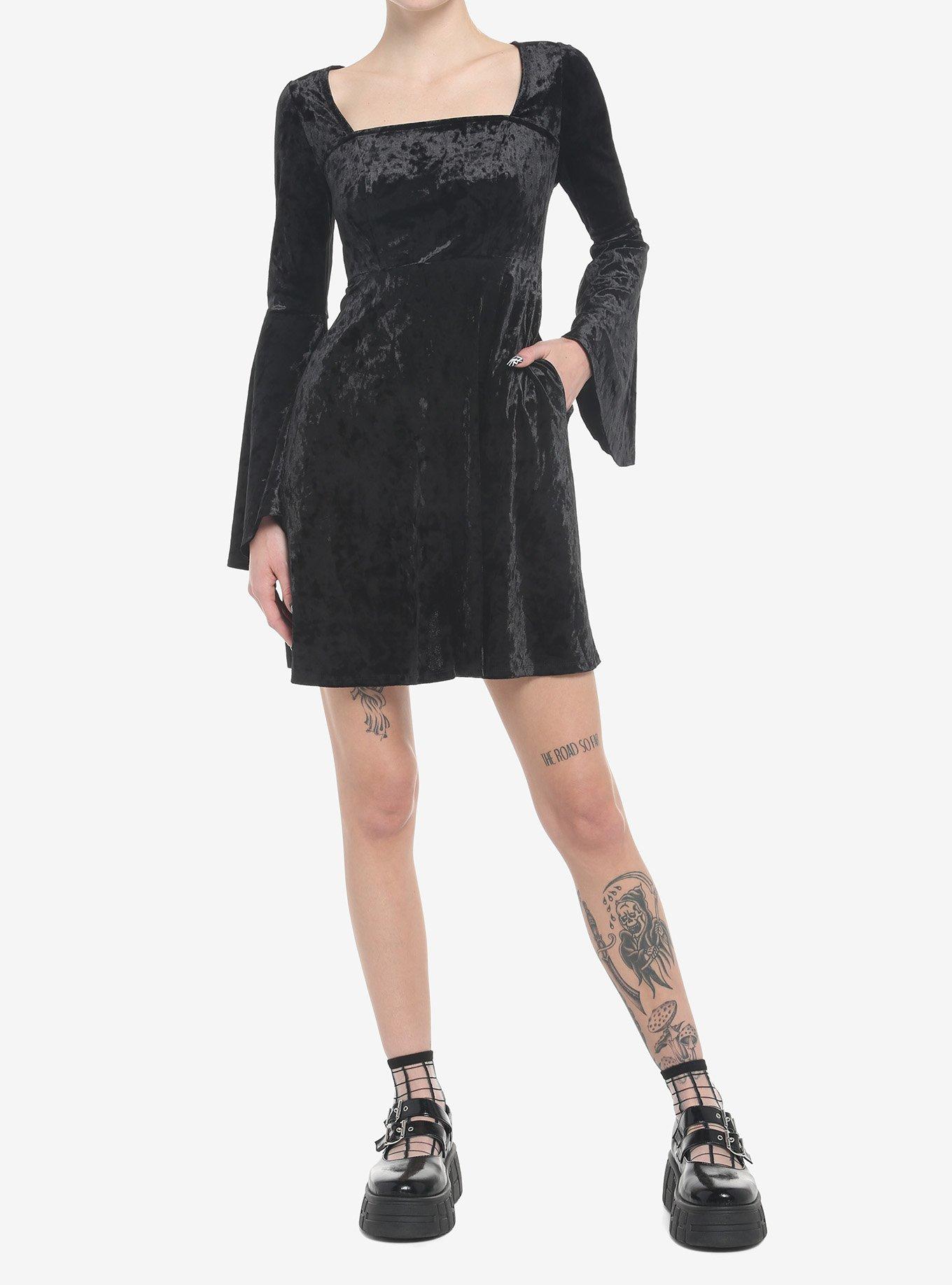 Black Crushed Velvet Bell Sleeve Mini Dress, BLACK, alternate