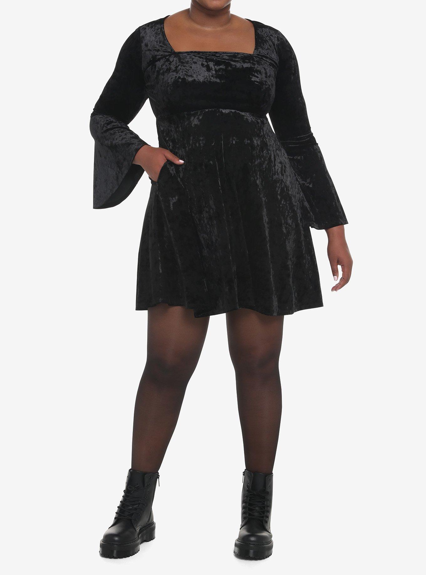 Black Crushed Velvet Bell-Sleeve Mini Dress Plus Size, BLACK, alternate