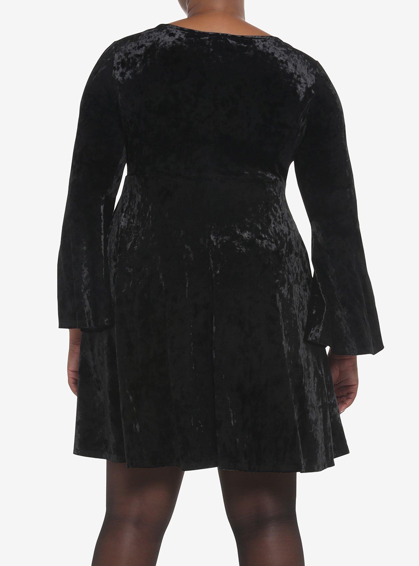 Black Crushed Velvet Bell-Sleeve Mini Dress Plus Size, BLACK, alternate