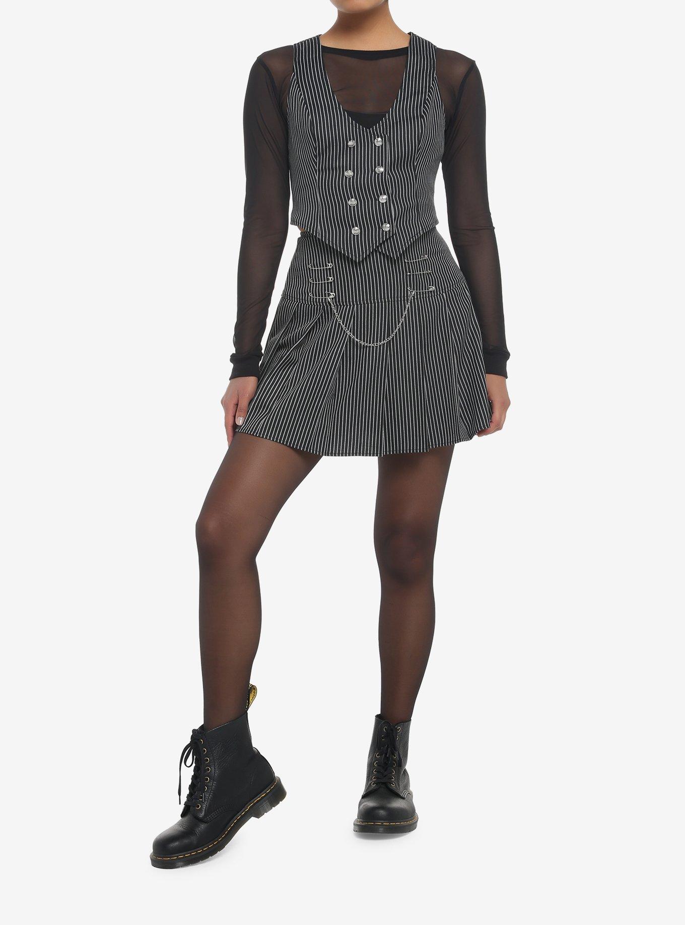 Pinstripe Safety Pin Pleated Skirt, PINSTRIPE, alternate