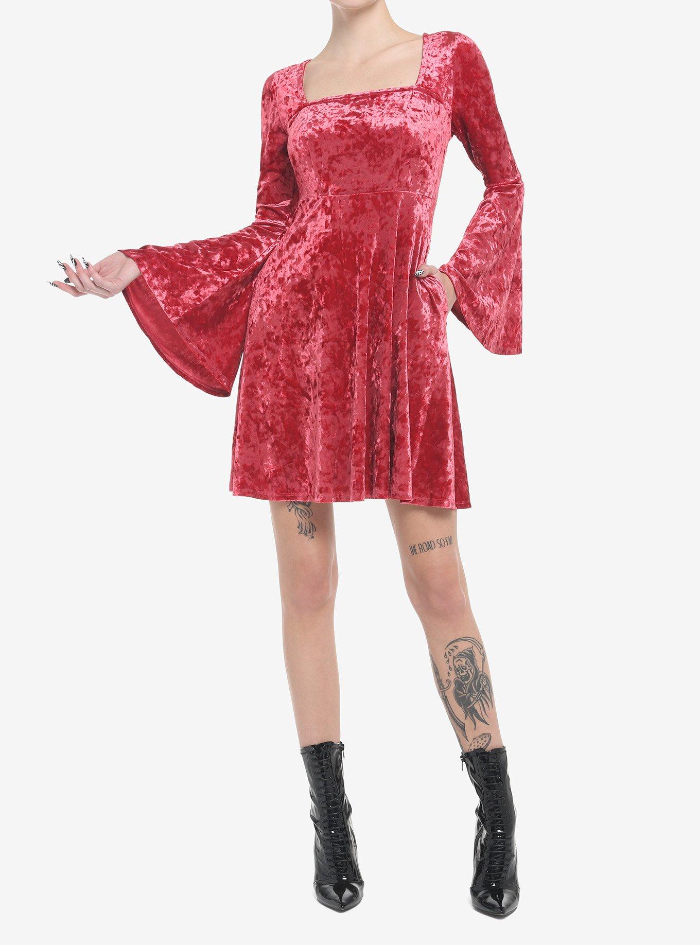 Red Crushed Velvet Bell Sleeve Mini Dress, CHILLI PEPPER, alternate