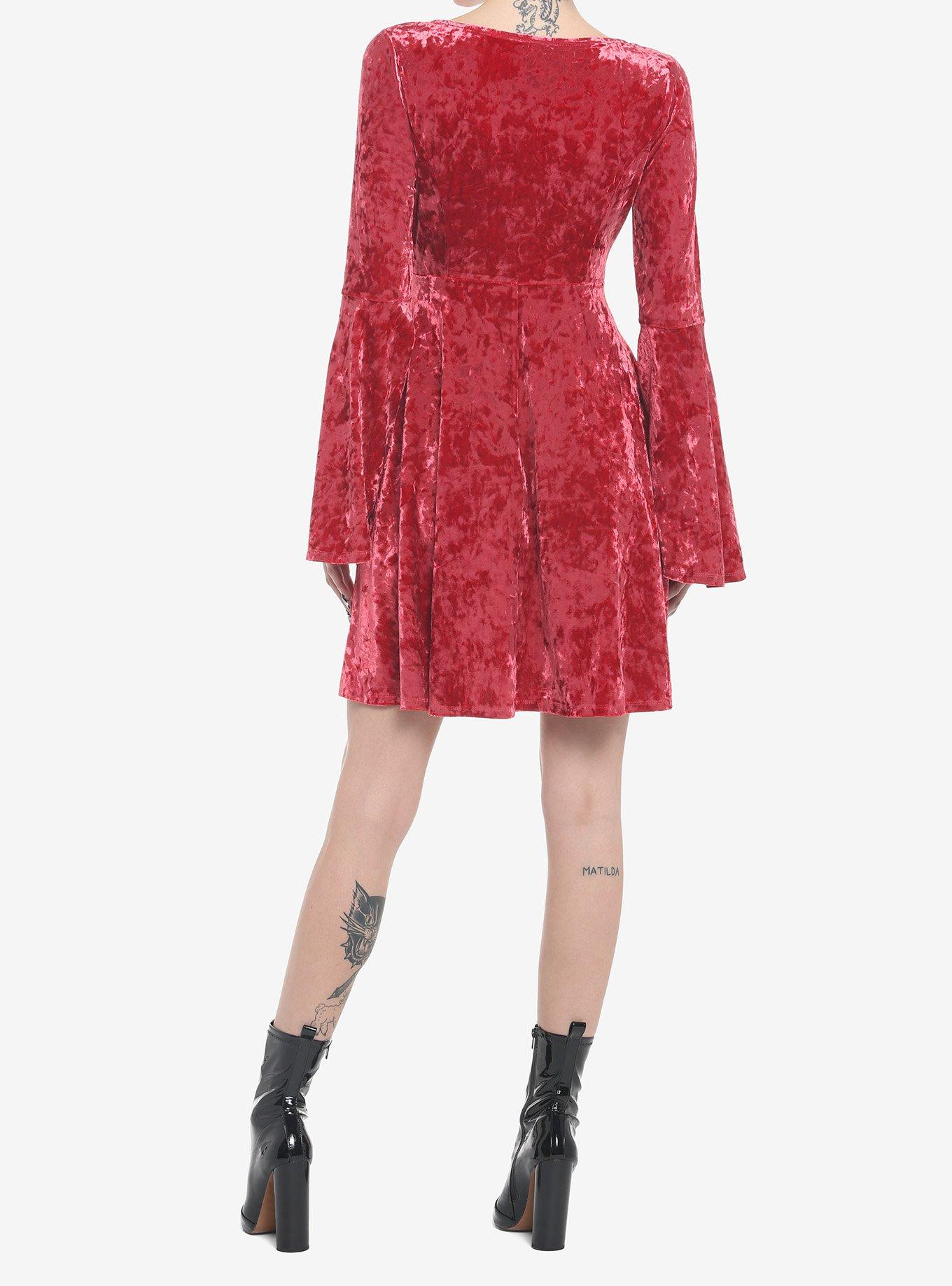 Red Crushed Velvet Bell Sleeve Mini Dress, CHILLI PEPPER, alternate