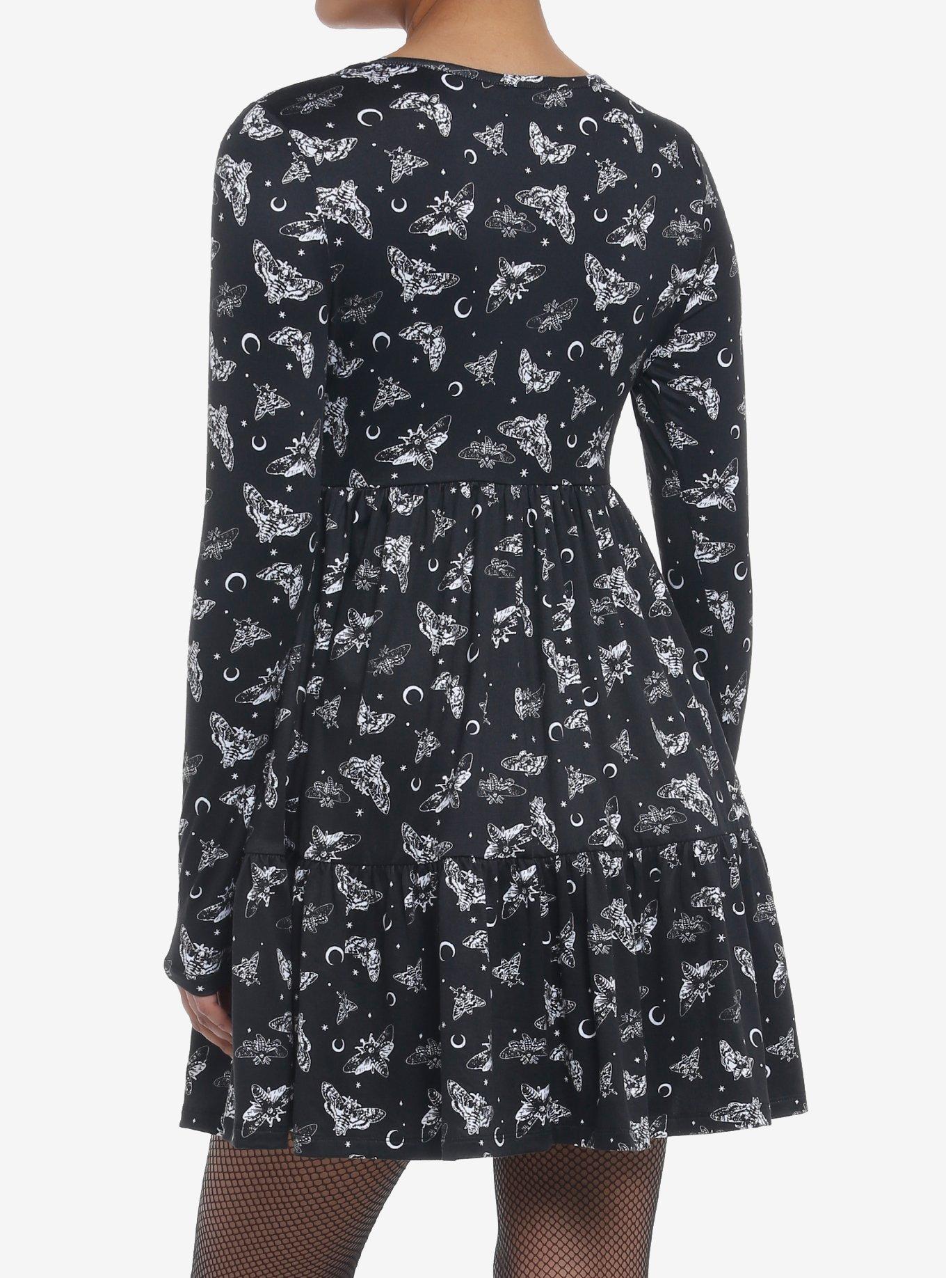 Black Moon Death Moth Tiered Long-Sleeve Dress, BLACK, alternate