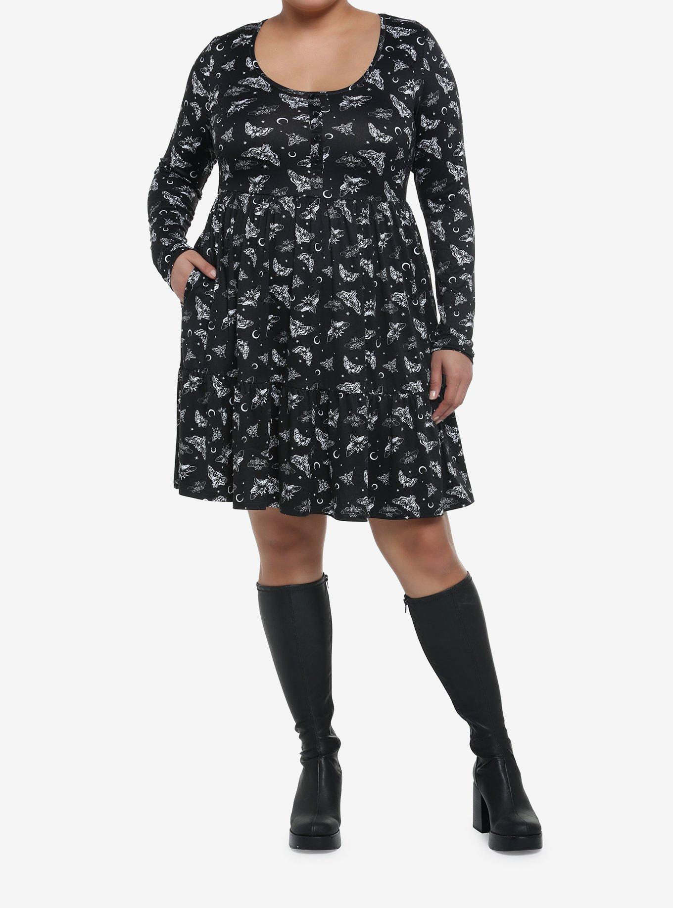 Black Moon Death Moth Tiered Long-Sleeve Dress Plus Size, BLACK, alternate