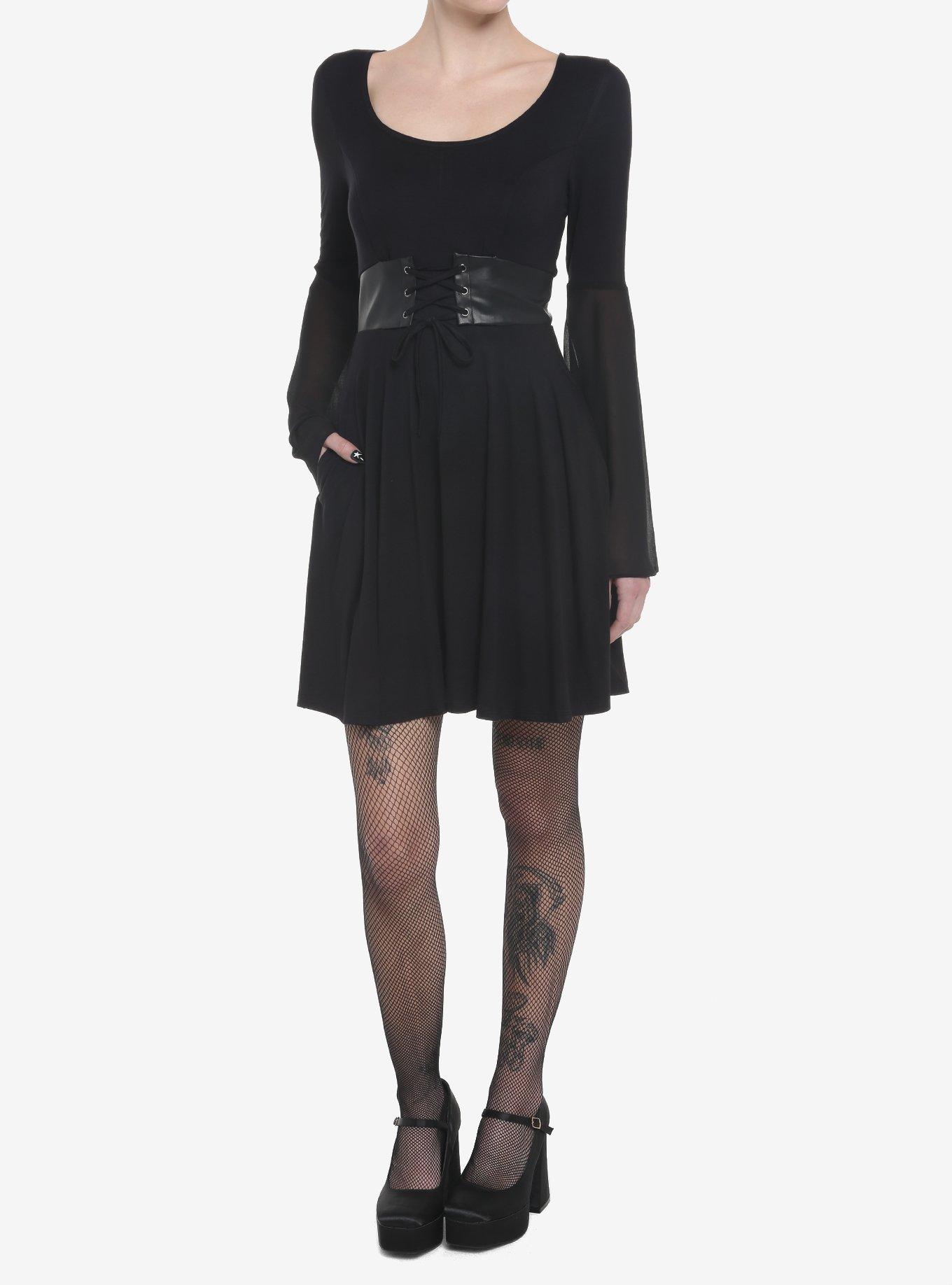 Black Satin Corset Bell Long-Sleeve Dress, BLACK, alternate