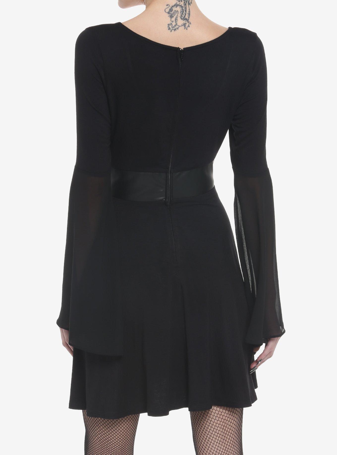 Black Satin Corset Bell Long-Sleeve Dress, BLACK, alternate