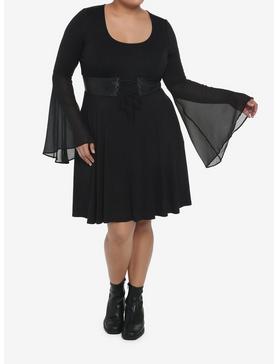 Black Corset Bell Long-Sleeve Dress Plus Size, , hi-res