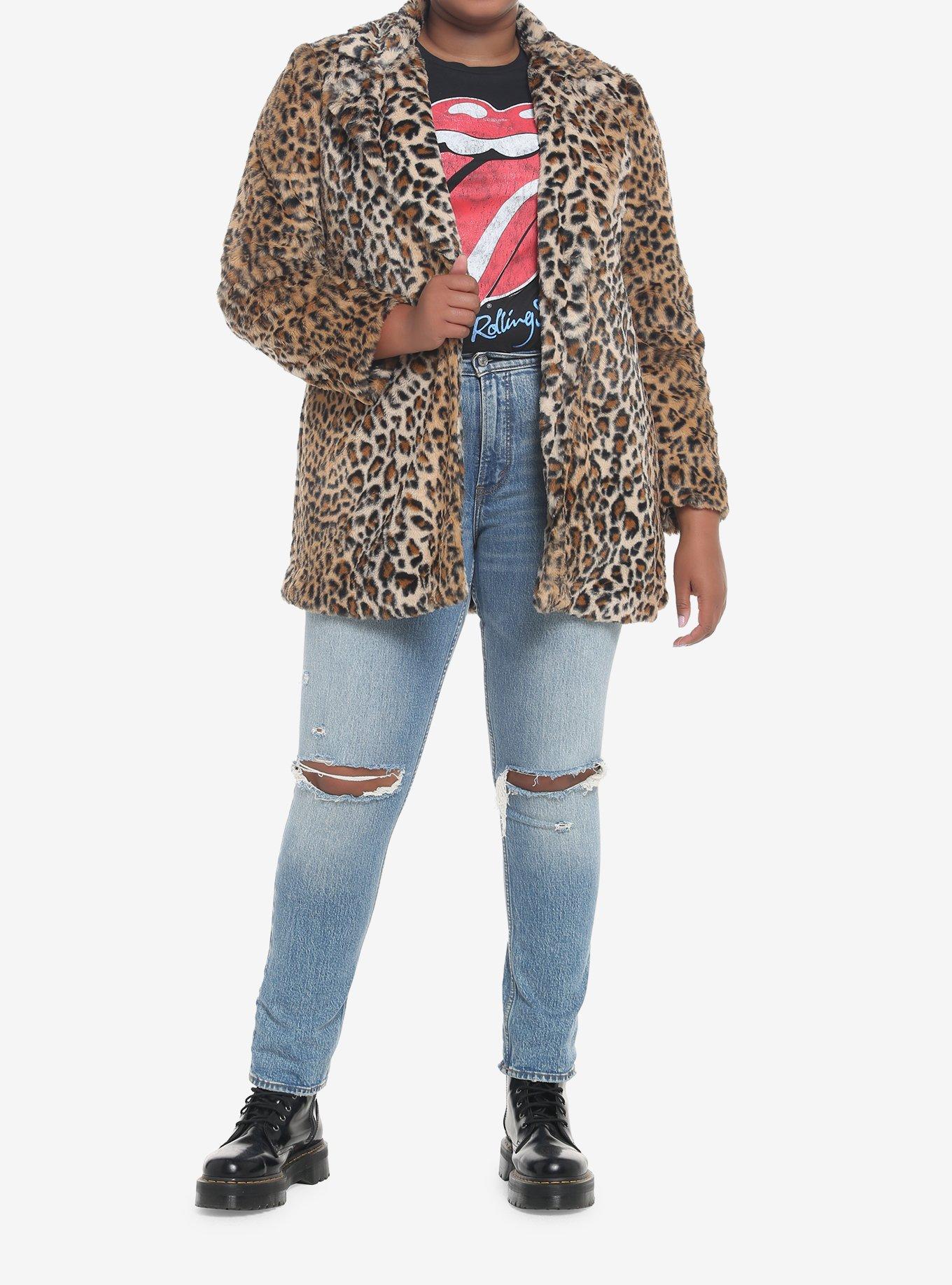 Leopard Faux Fur Coat Plus Size, MULTI, alternate